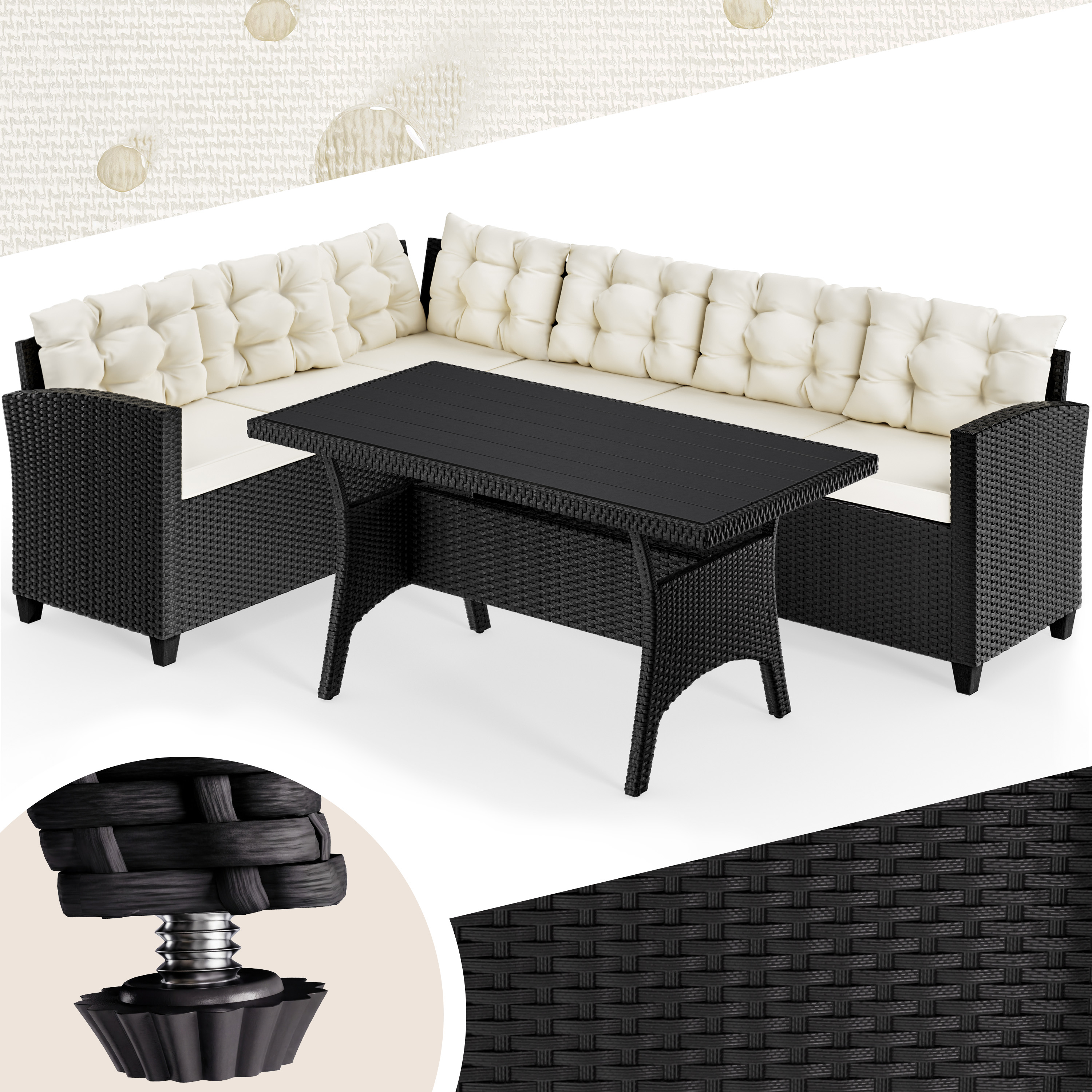 Polyrotan\u0020Loungeset\u0020Zwart\u002FCr\u00E8me\u0020WPC\u0020tafelblad