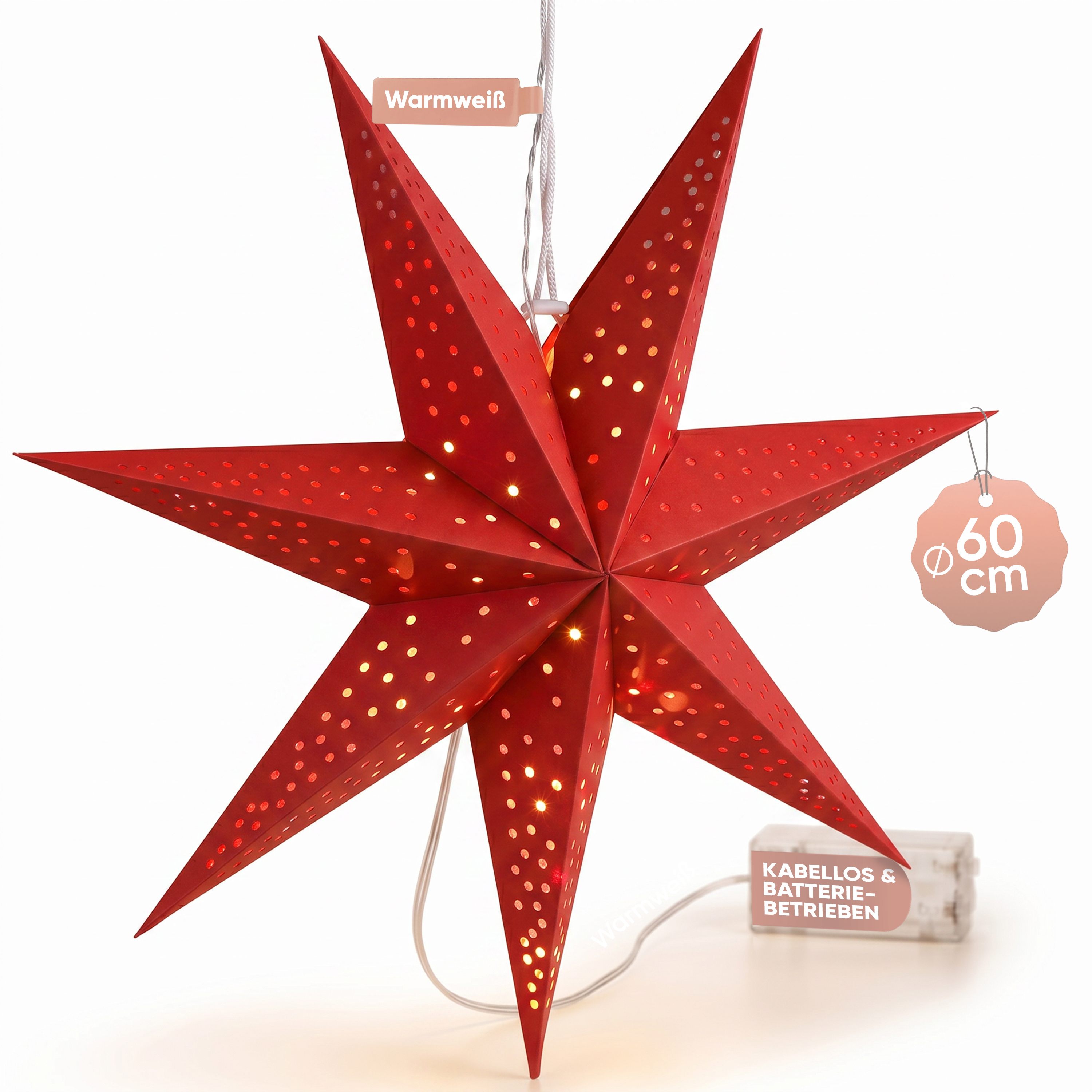 Kerstster\u0020Papier\u0020LED\u0020Rood\u0020\u00D860cm\u00207\u0020Punten\u0020Gaatjes