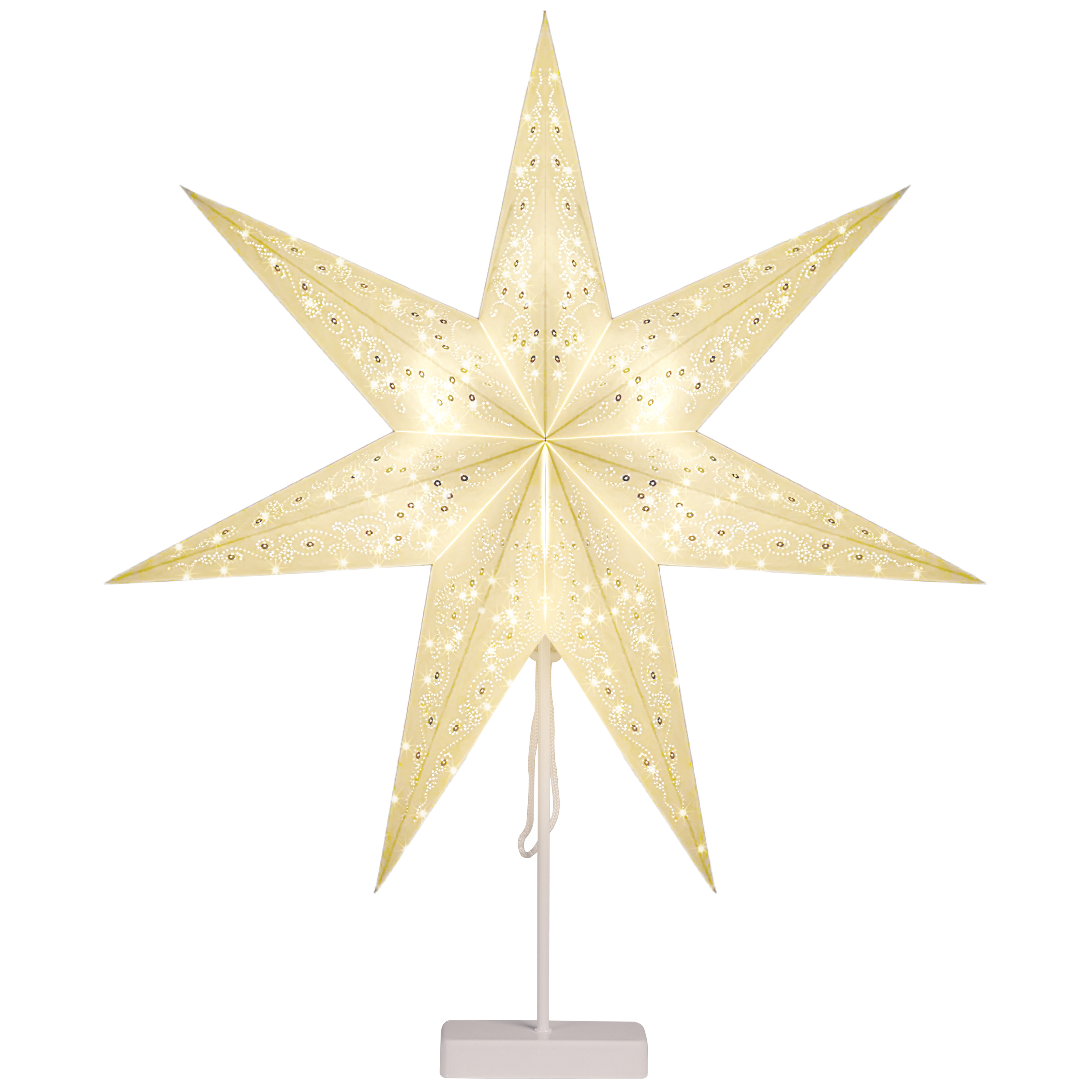 Kerstster\u0020Papier\u0020LED\u0020Wit\u0020Pailletten\u0020incl\u0020Standaard