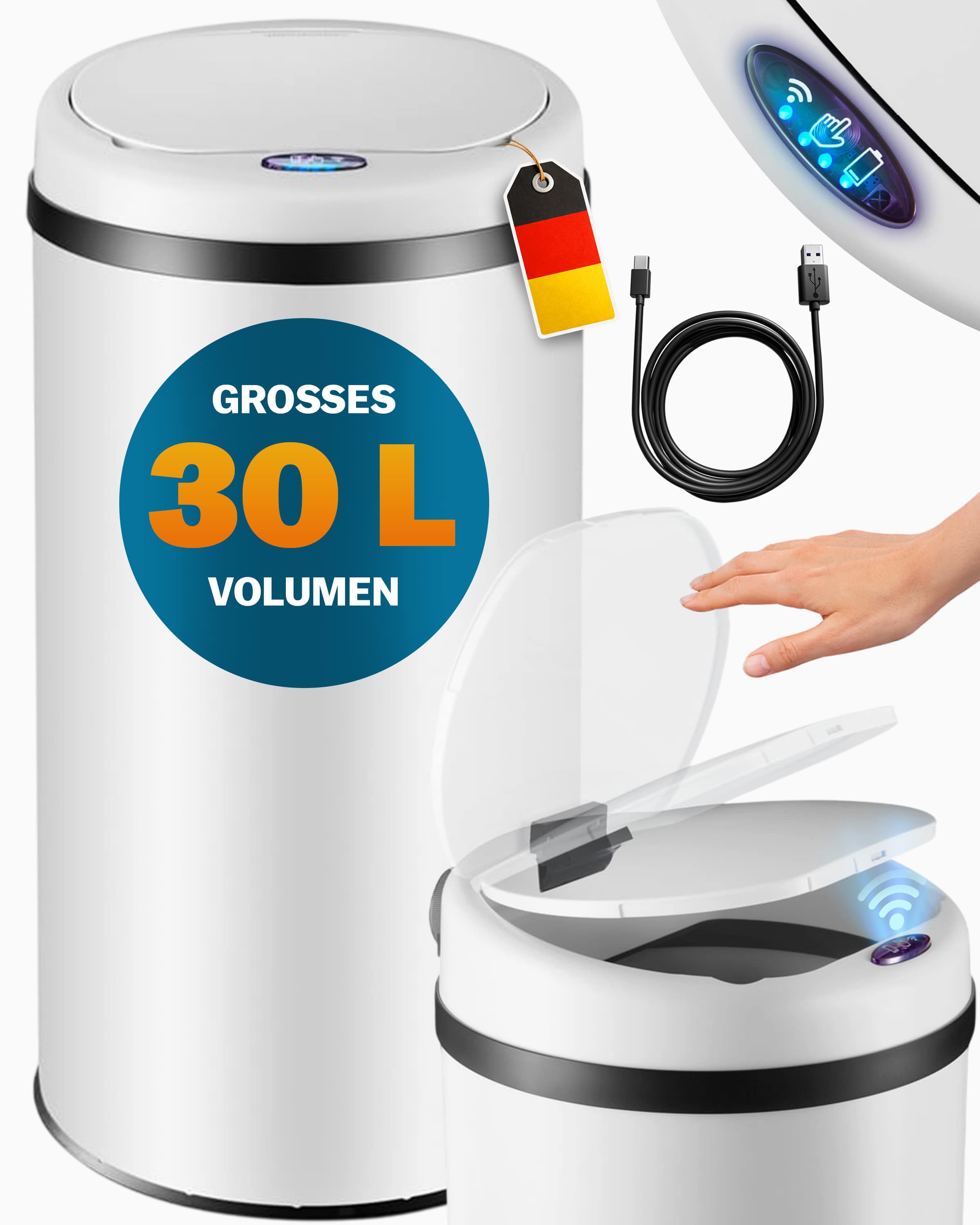 Sensor\u0020afvalbak\u0020Wit\u0020roestvrij\u0020staal\u002030\u0020liter