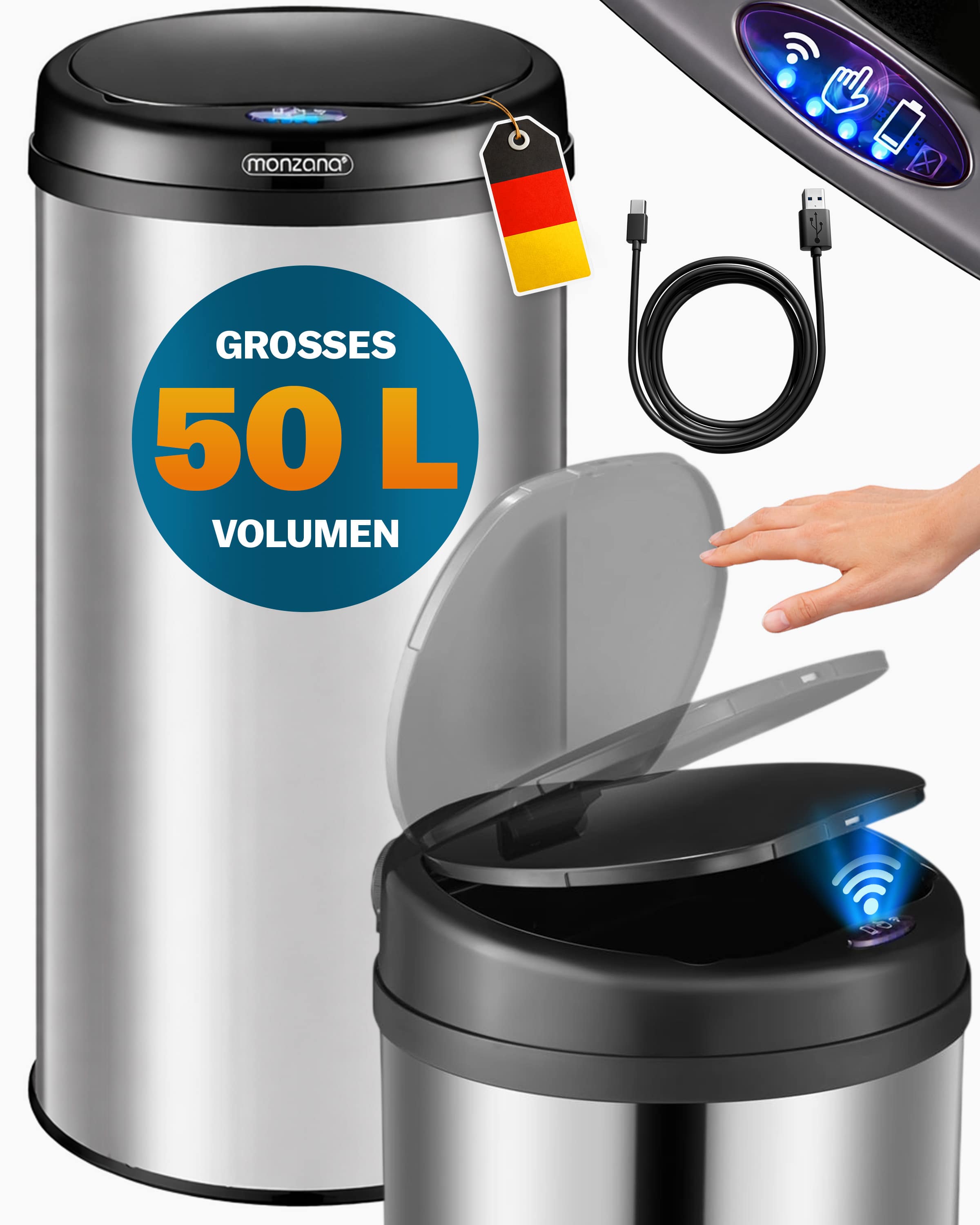 Sensor\u0020afvalbak\u0020Zilver\u0020roestvrij\u0020staal\u002050\u0020liter