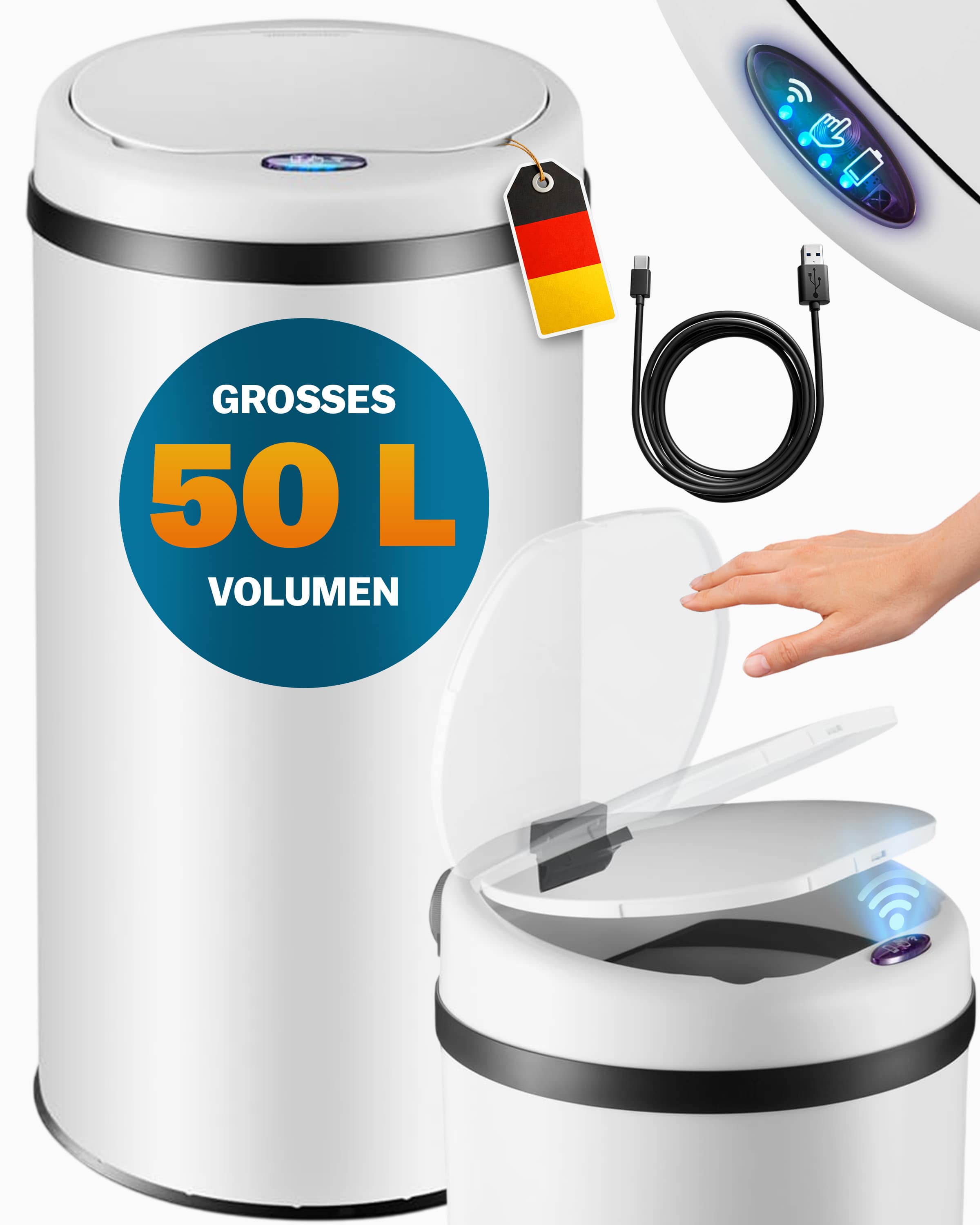 Sensor\u0020afvalbak\u0020Wit\u0020roestvrij\u0020staal\u002050\u0020liter