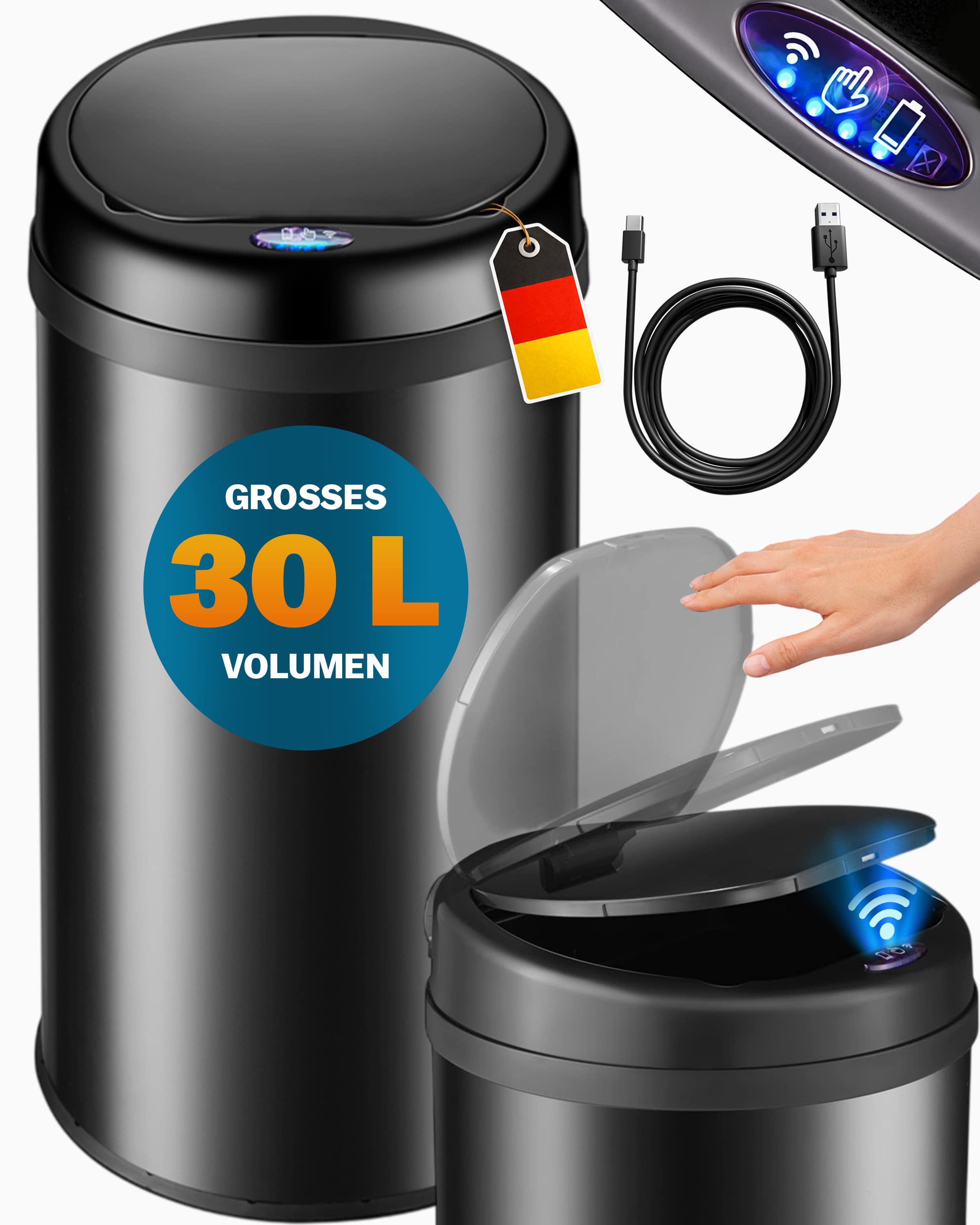 Sensor\u0020afvalbak\u0020Zwart\u0020roestvrij\u0020staal\u002030\u0020liter