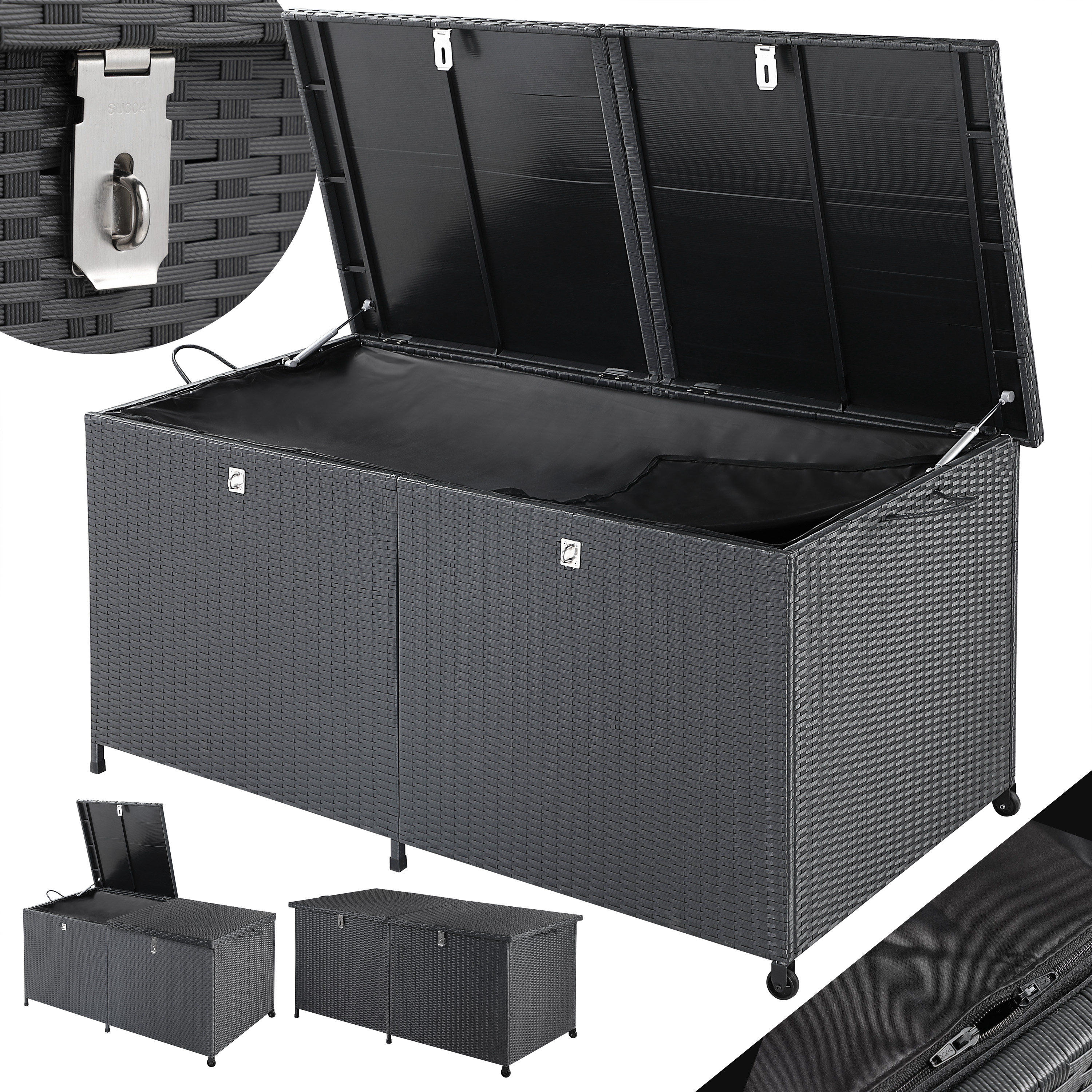 Polyrotan\u0020Kussenbox\u0020Zwart\u0020150x77x73cm\u0020met\u0020Wielen
