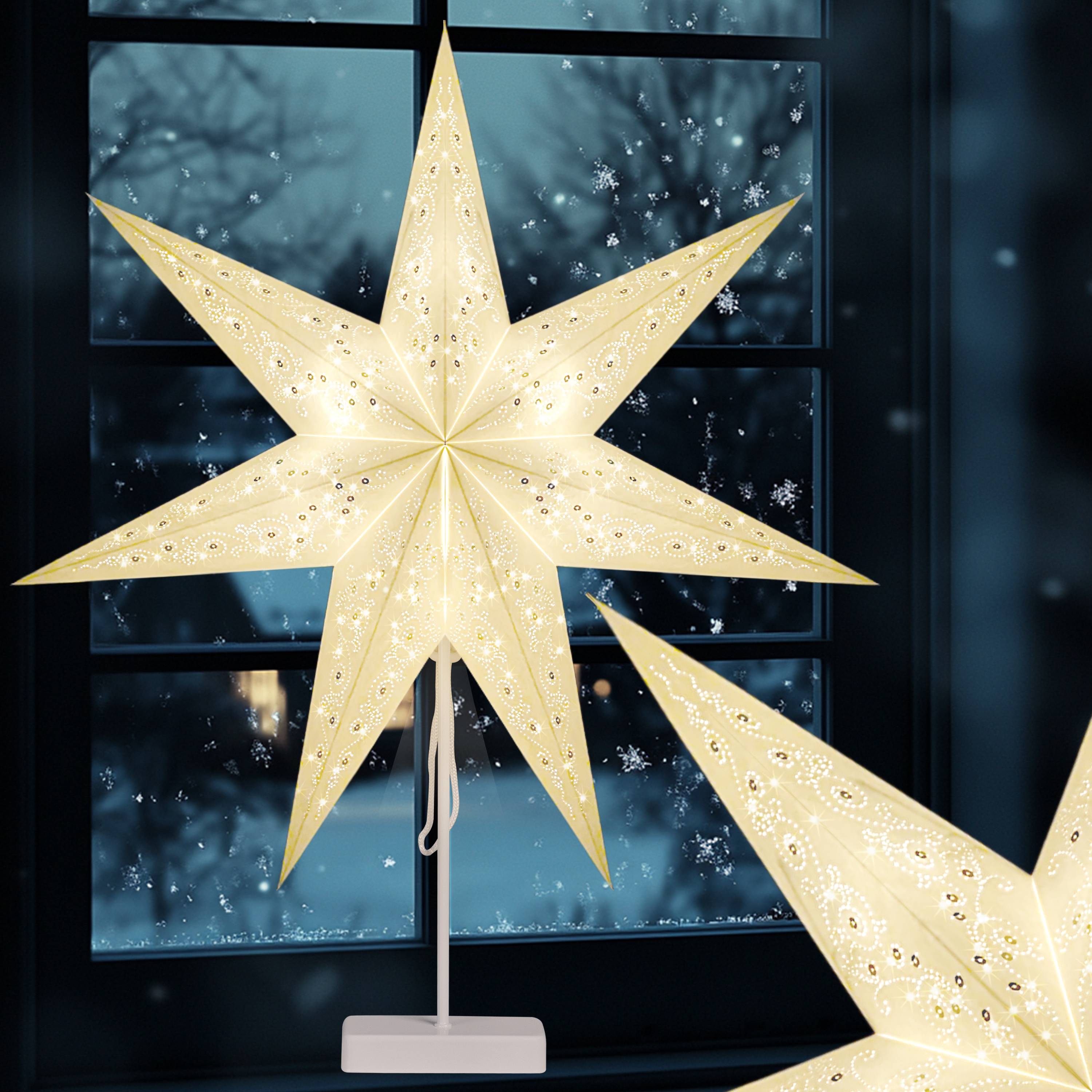 Kerstster\u0020Papier\u0020LED\u0020Wit\u0020Pailletten\u0020incl\u0020Standaard