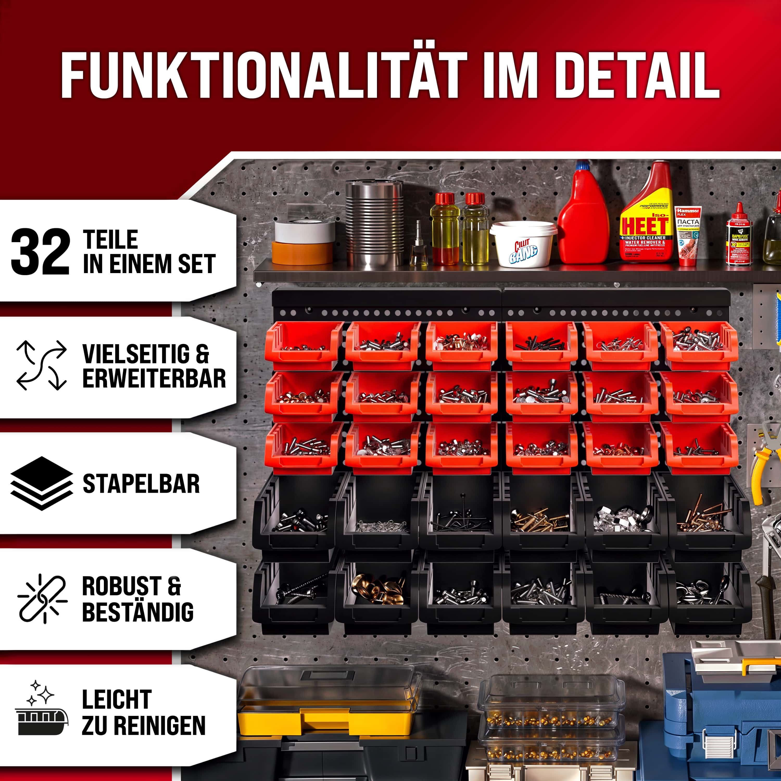 Gereedschapswand\u002032\u002Ddelig\u0020Zwart\u0020Rood\u0020Kunststof\u0020Opbergbox
