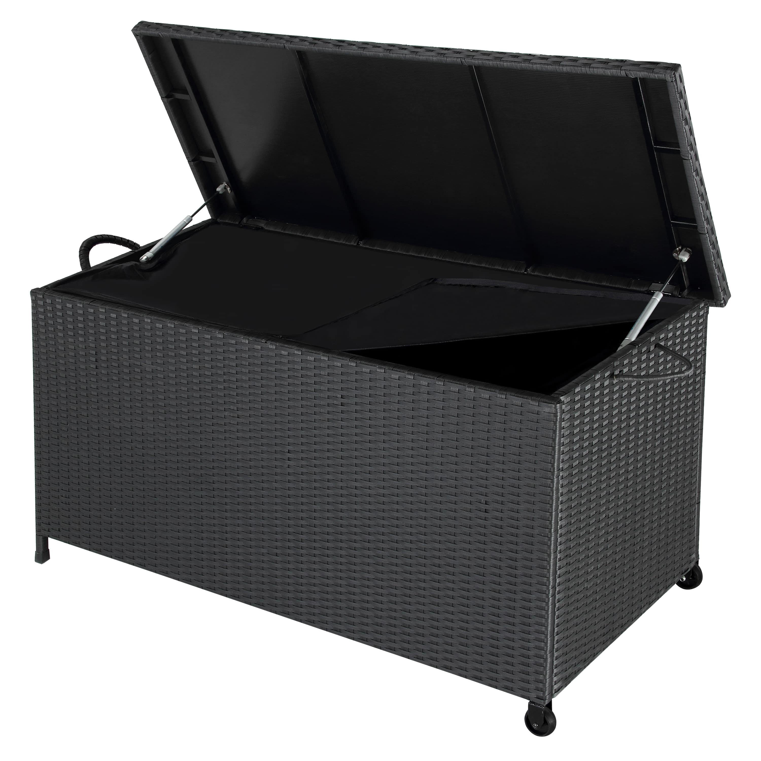 Polyrotan\u0020kussenbox\u0020Zwart\u0020117x53x60cm\u0020met\u00202\u0020Wielen