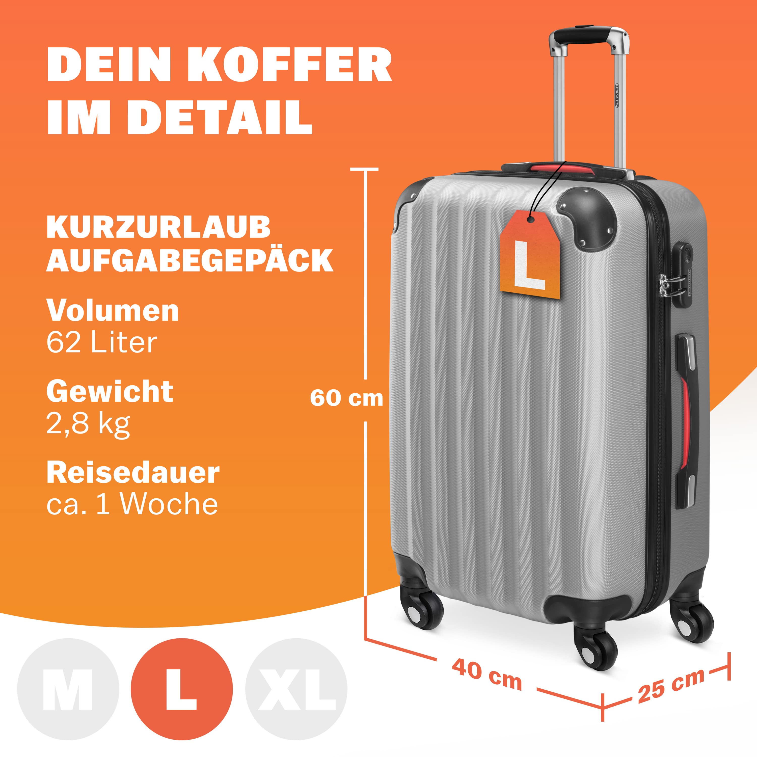 Reiskoffer\u0020Zilver\u0020Kunststof\u002060x25x40cm\u0020Hardcase\u002062\u0020L