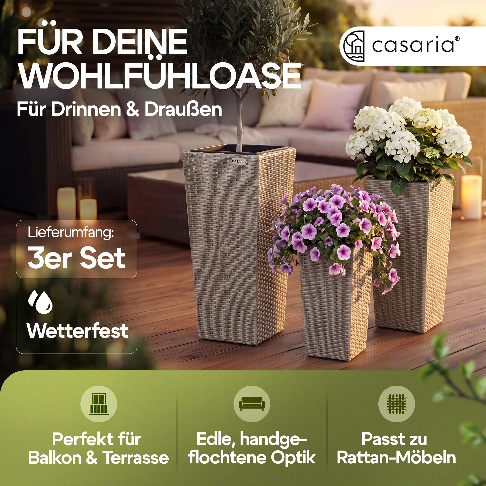 Polyrattan\u0020Bloempot\u0020Set\u0020van\u00203\u0020Creme