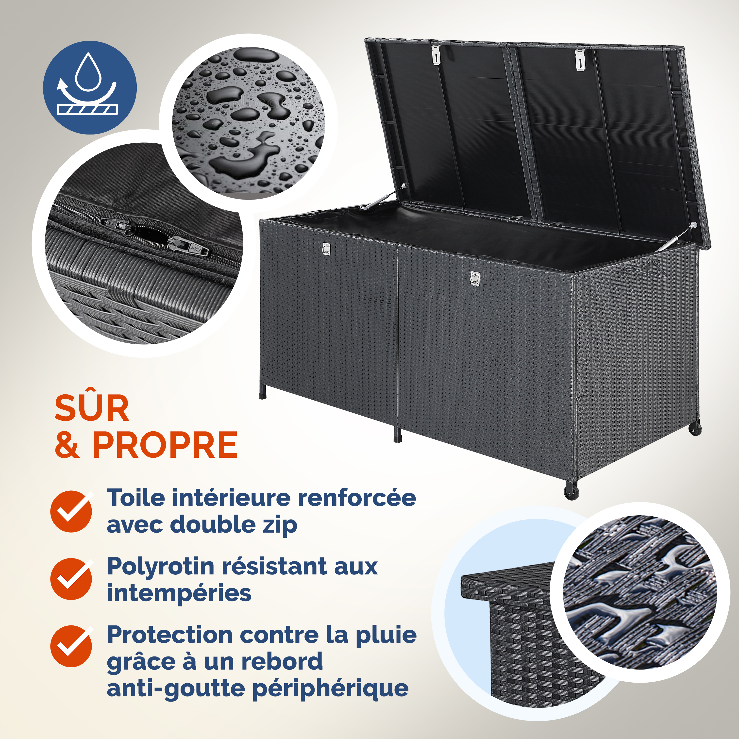 Polyrotan\u0020Kussenbox\u0020Zwart\u0020150x77x73cm\u0020met\u0020Wielen