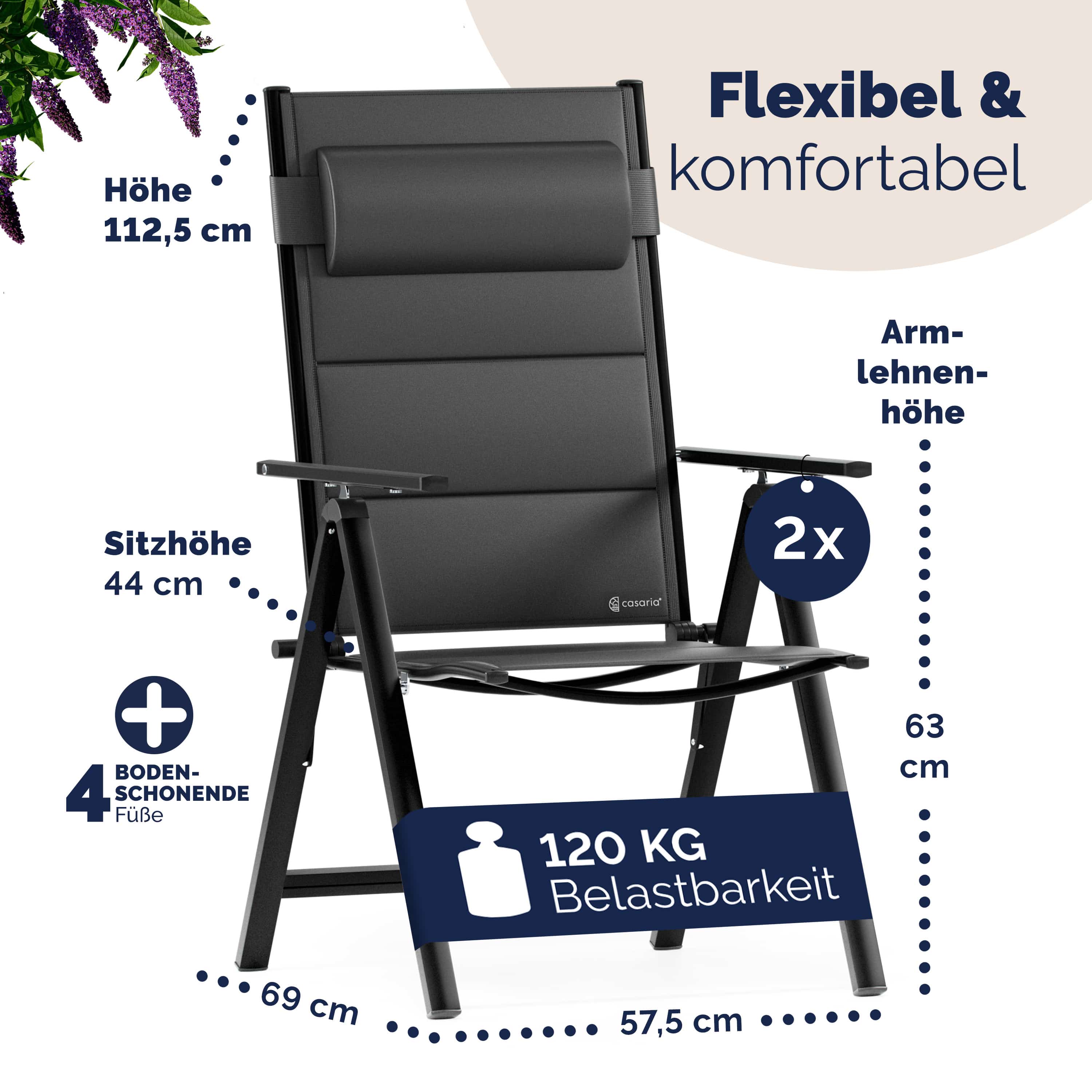 Tuinstoelen\u0020set\u0020van\u00202\u0020zwart\u0020opvouwbare\u0020gestoffeerde\u0020aluminium\u0020verstelbare\u0020120kg\u0020draagvermogen\u0020weerbestendig