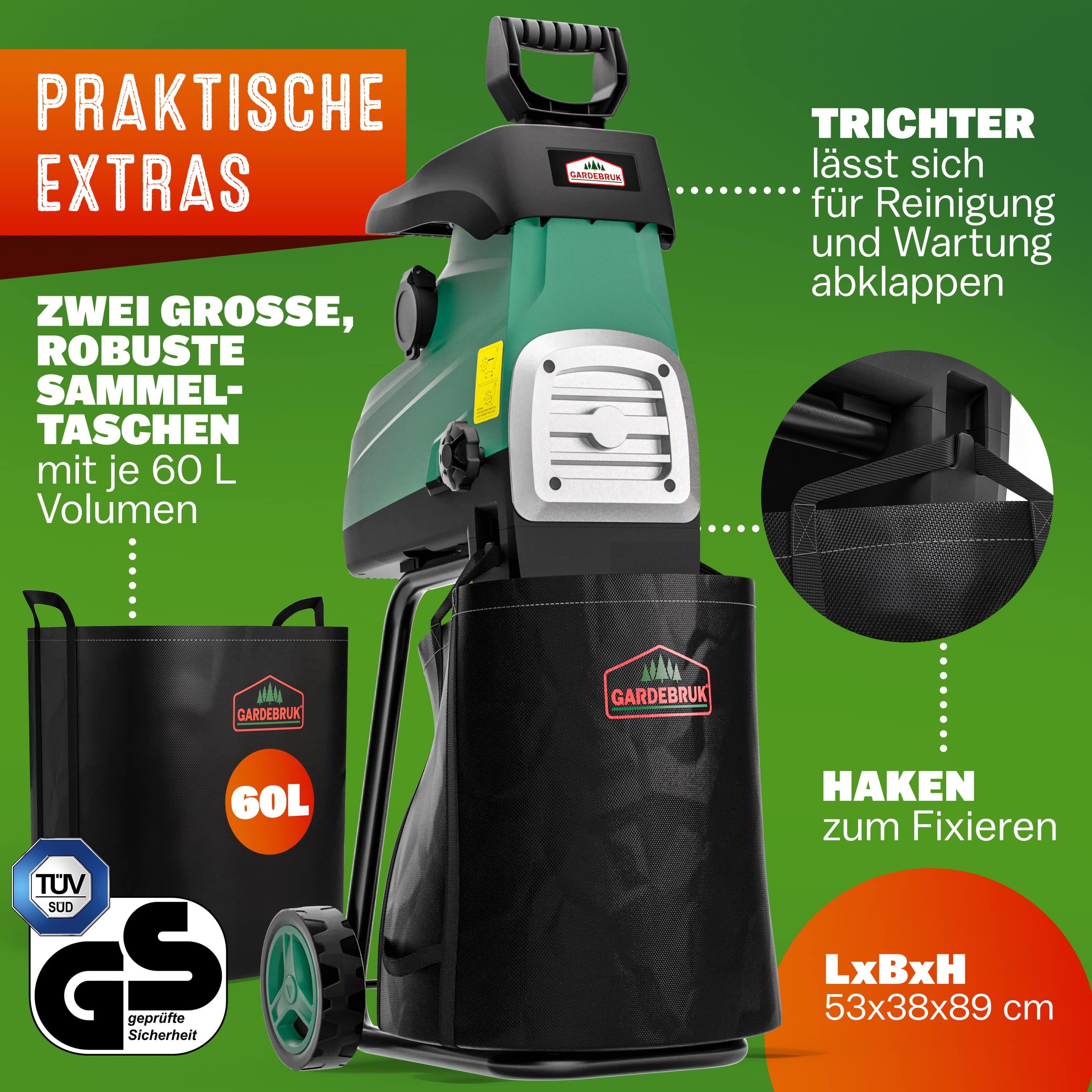Stille\u0020hakselaar\u00203100W\u0020met\u00202\u0020opvangzakken\u0020van\u0020elk\u002060\u0020liter
