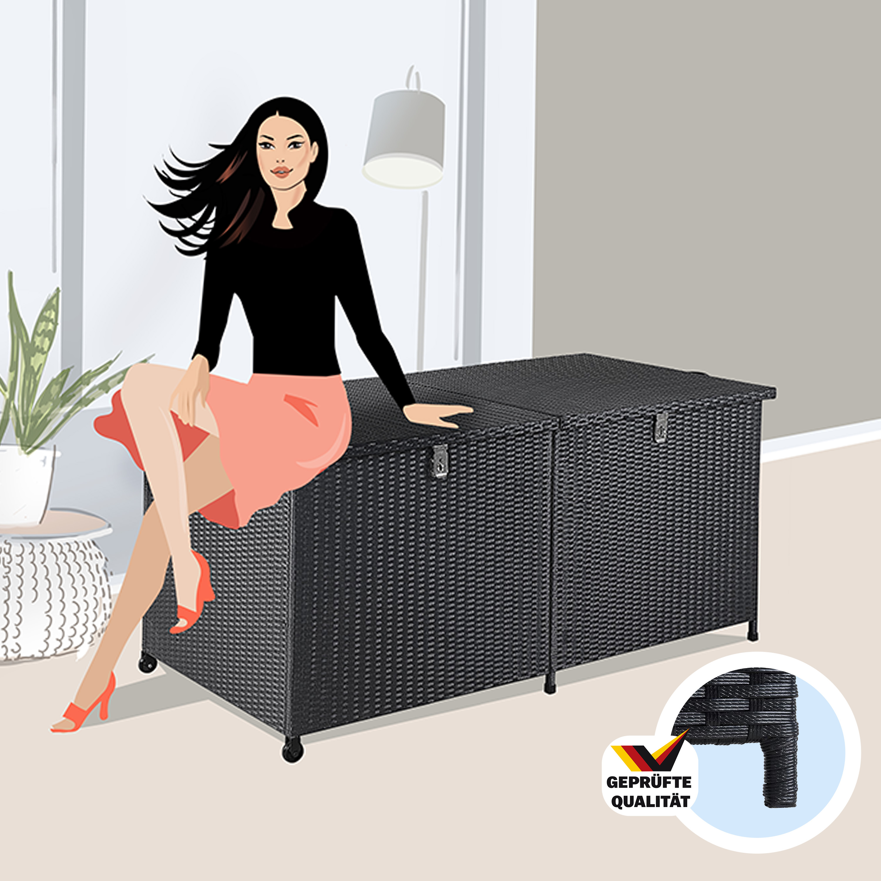 Polyrotan\u0020Kussenbox\u0020Zwart\u0020150x77x73cm\u0020met\u0020Wielen