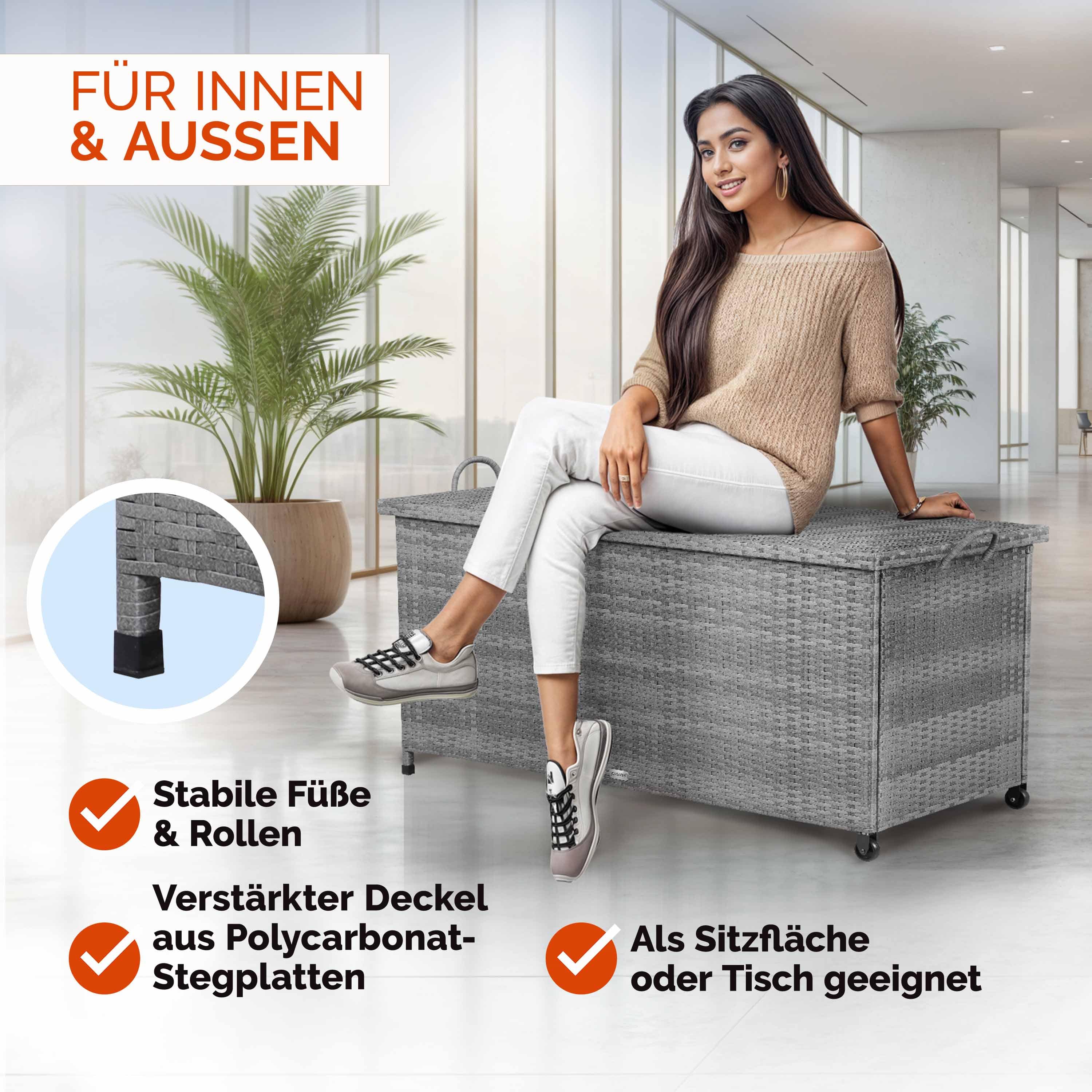 Polyrotan\u0020Kussenbox\u0020Grijs\u0020117x53x60cm\u0020met\u0020Wielen