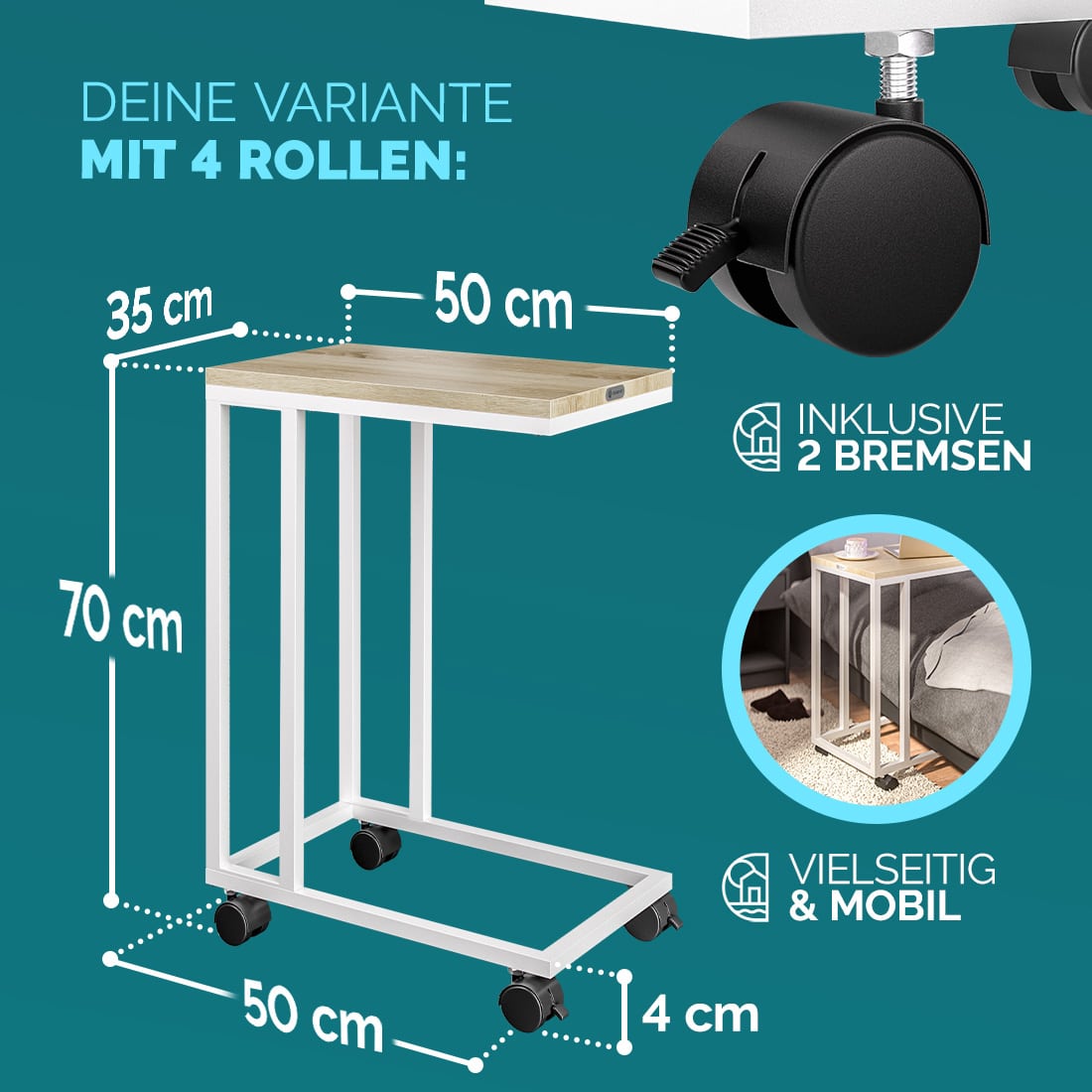 Bijzettafel\u0020Wit\u002050x35x65\u002F70cm\u0020met\u0020Wieltjes Bijzettafel\u0020Wit\u002050x35x65\u002F70cm\u0020met\u0020Wieltjes
