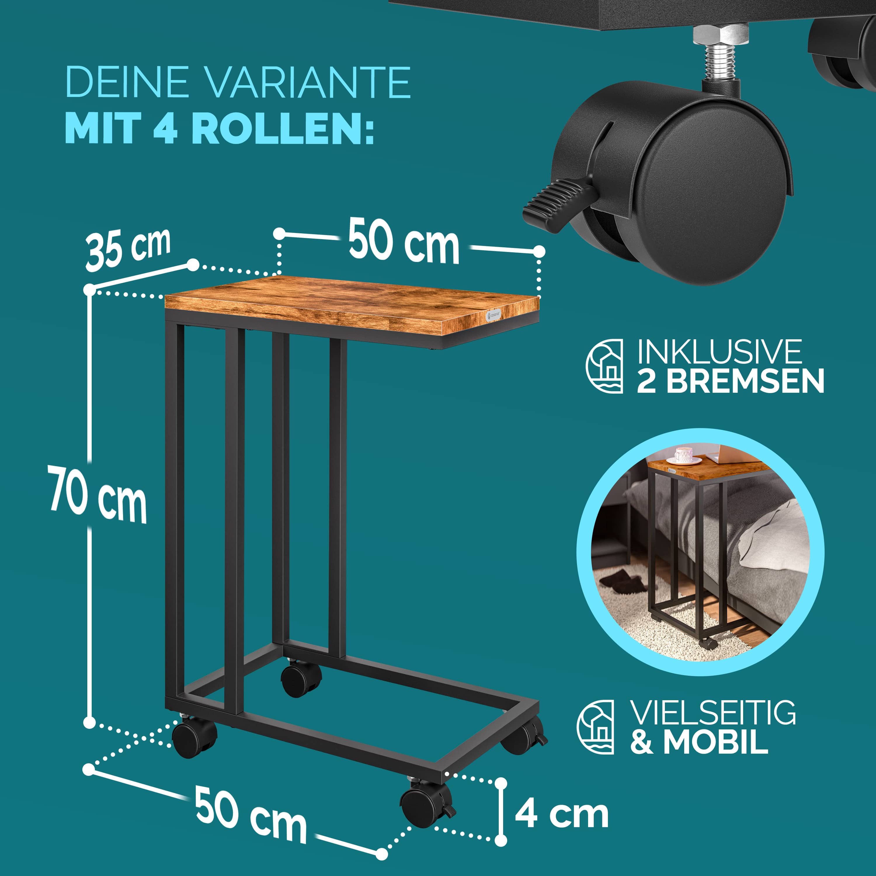 Bijzettafel\u0020Zwart\u002050x35x65\u002F70cm\u0020met\u0020Wieltjes Bijzettafel\u0020Zwart\u002050x35x65\u002F70cm\u0020met\u0020Wieltjes