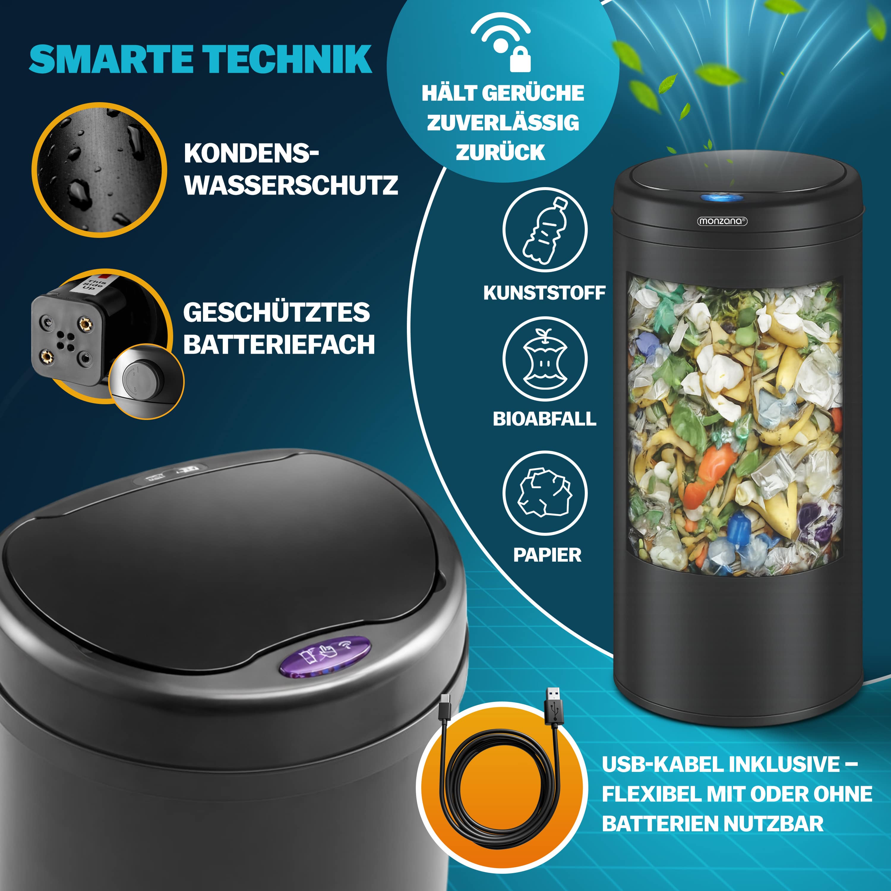 Sensor\u0020afvalbak\u0020Zwart\u0020roestvrij\u0020staal\u002050\u0020liter