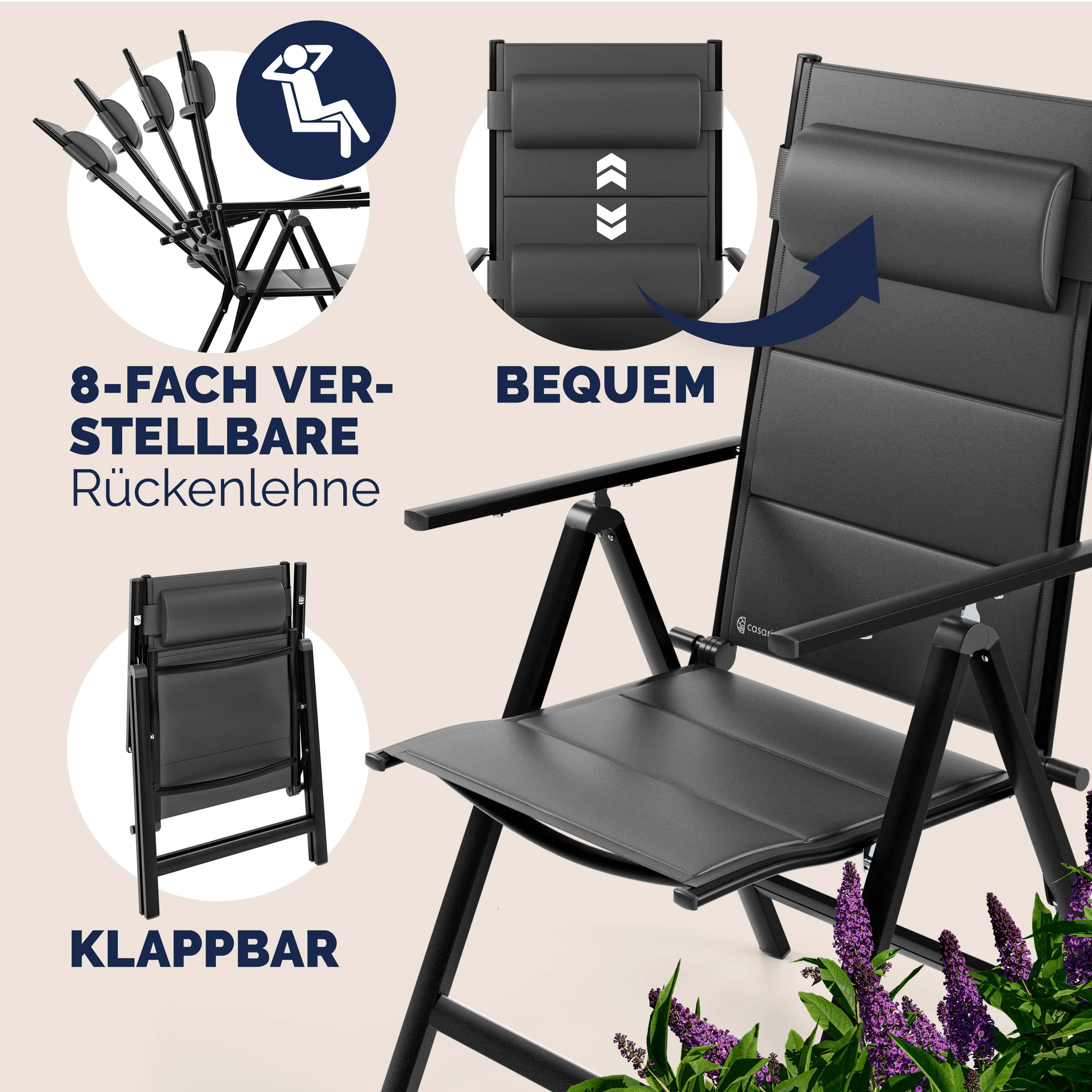 Tuinstoelen\u0020set\u0020van\u00202\u0020zwart\u0020opvouwbare\u0020gestoffeerde\u0020aluminium\u0020verstelbare\u0020120kg\u0020draagvermogen\u0020weerbestendig