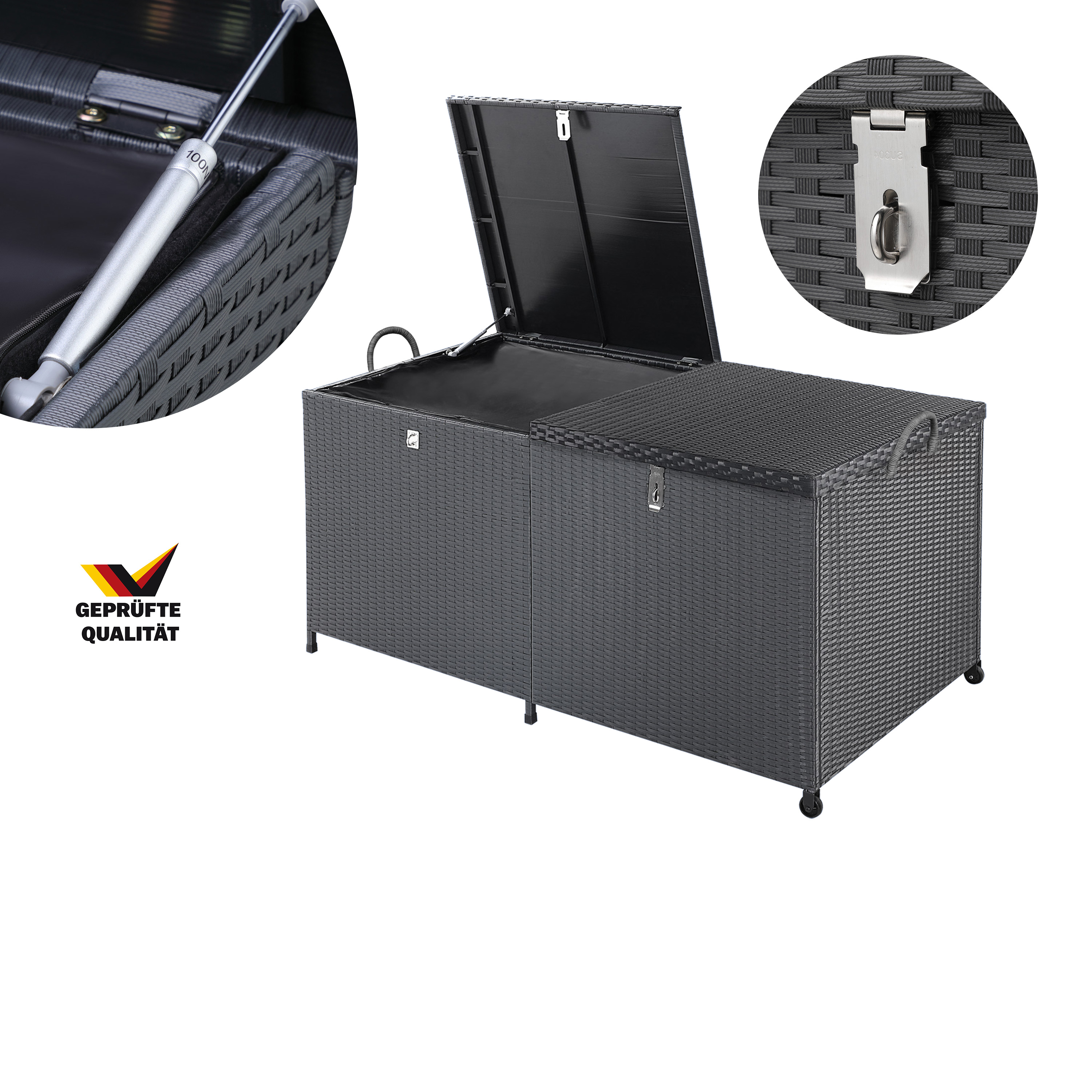 Polyrotan\u0020Kussenbox\u0020Zwart\u0020150x77x73cm\u0020met\u0020Wielen