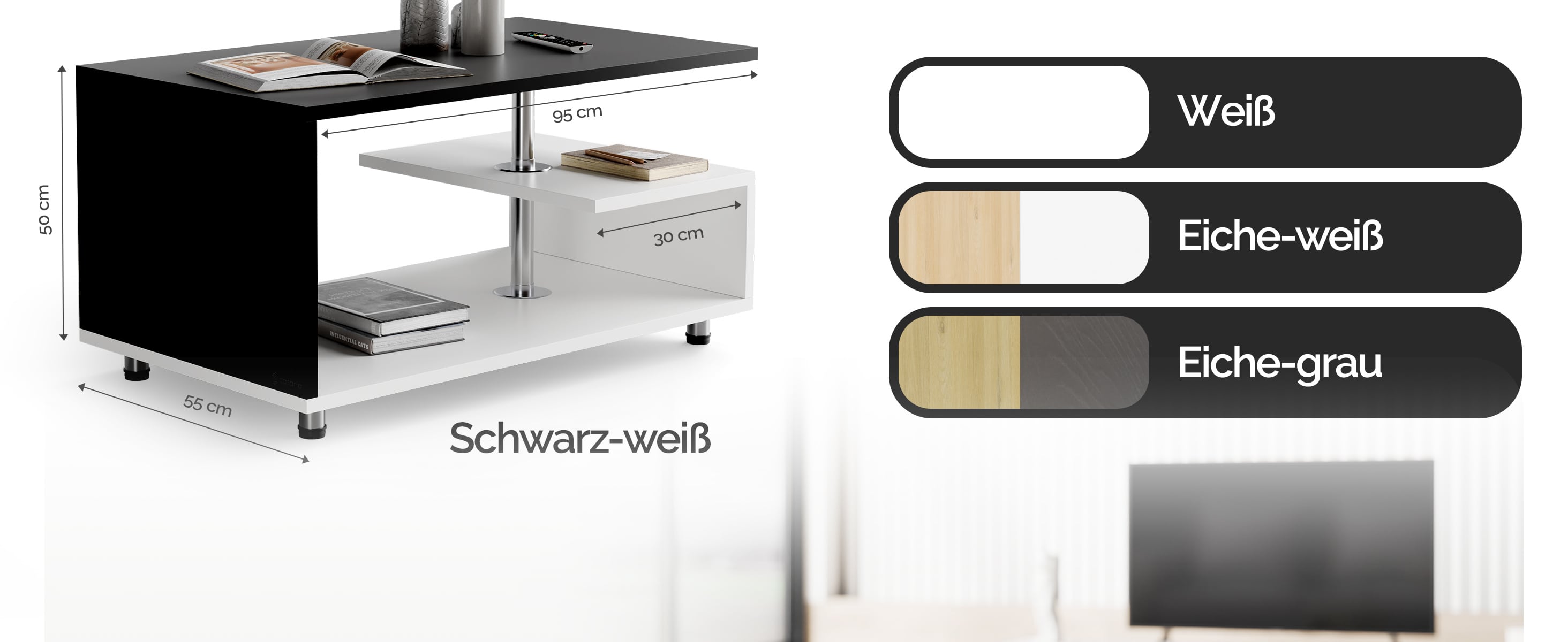 Salontafel\u0020Orlando\u0020Wit\u002FZwart\u002095x55x50cm