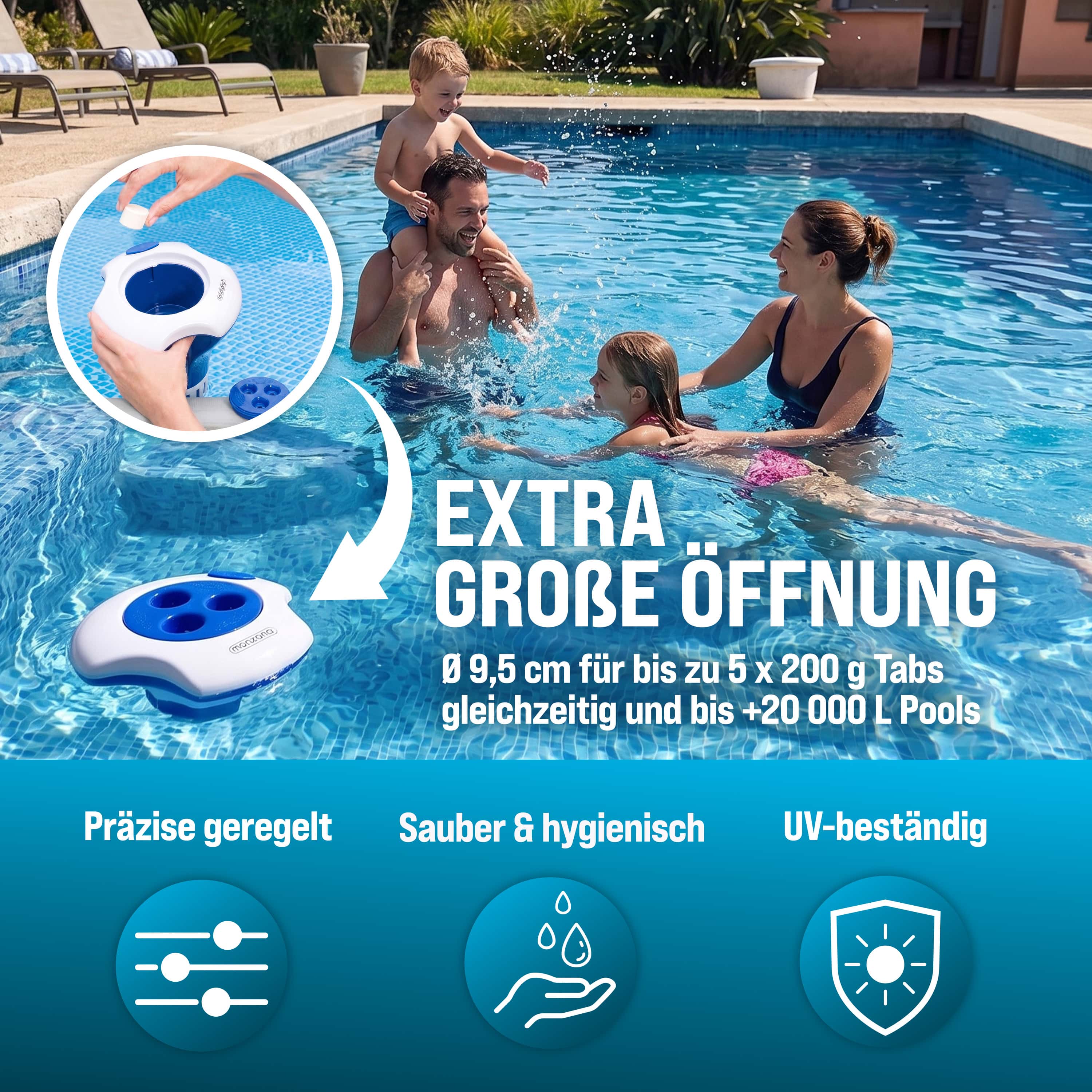 Doseervlotter\u0020voor\u0020zwembaden\u002020\u002D200g\u0020tabletten\u0020inclusief\u0020150\u00203in1\u0020teststrips\u0020UV\u002Dbestendige\u0020chloordrijver\u0020met\u0020thermometer