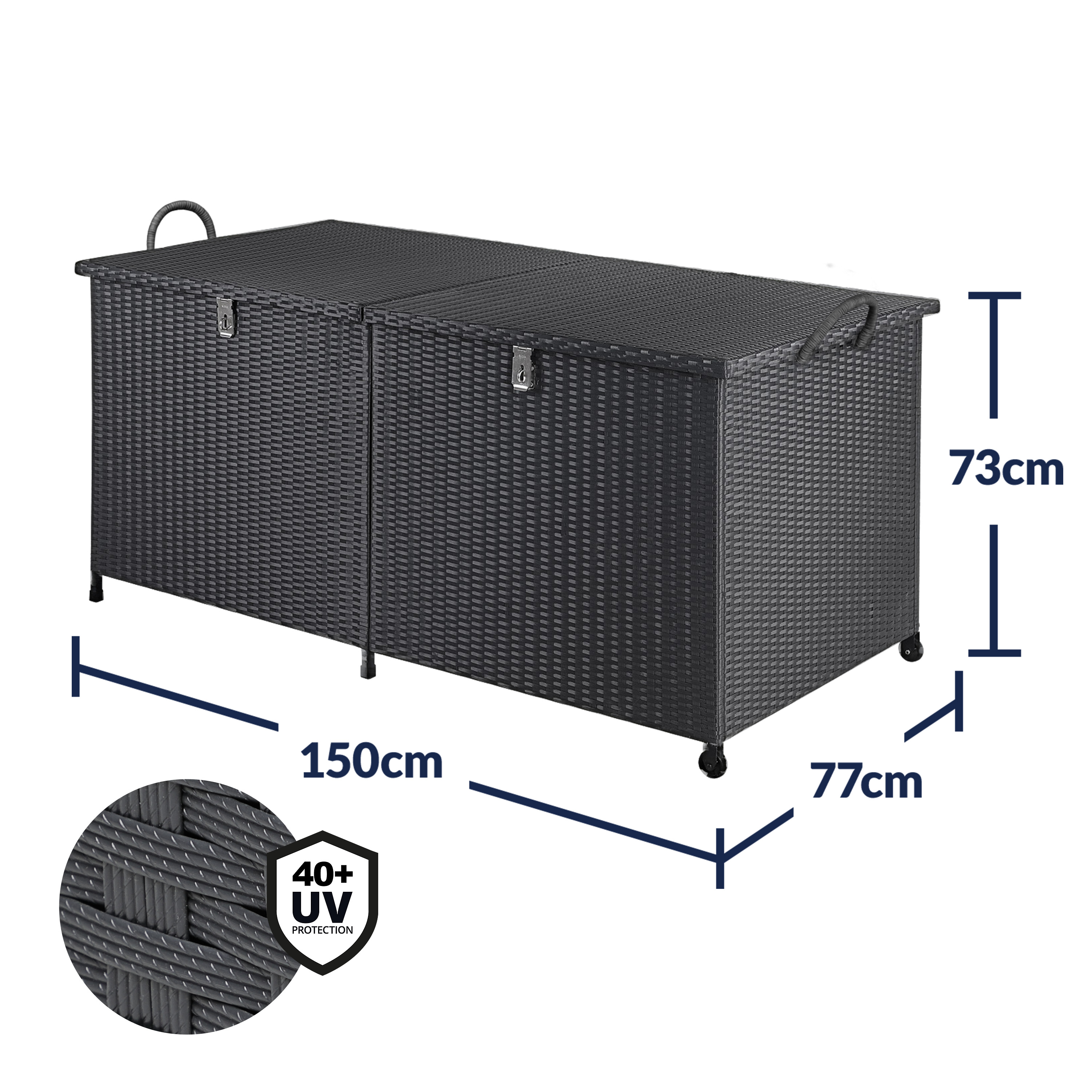 Polyrotan\u0020Kussenbox\u0020Zwart\u0020150x77x73cm\u0020met\u0020Wielen
