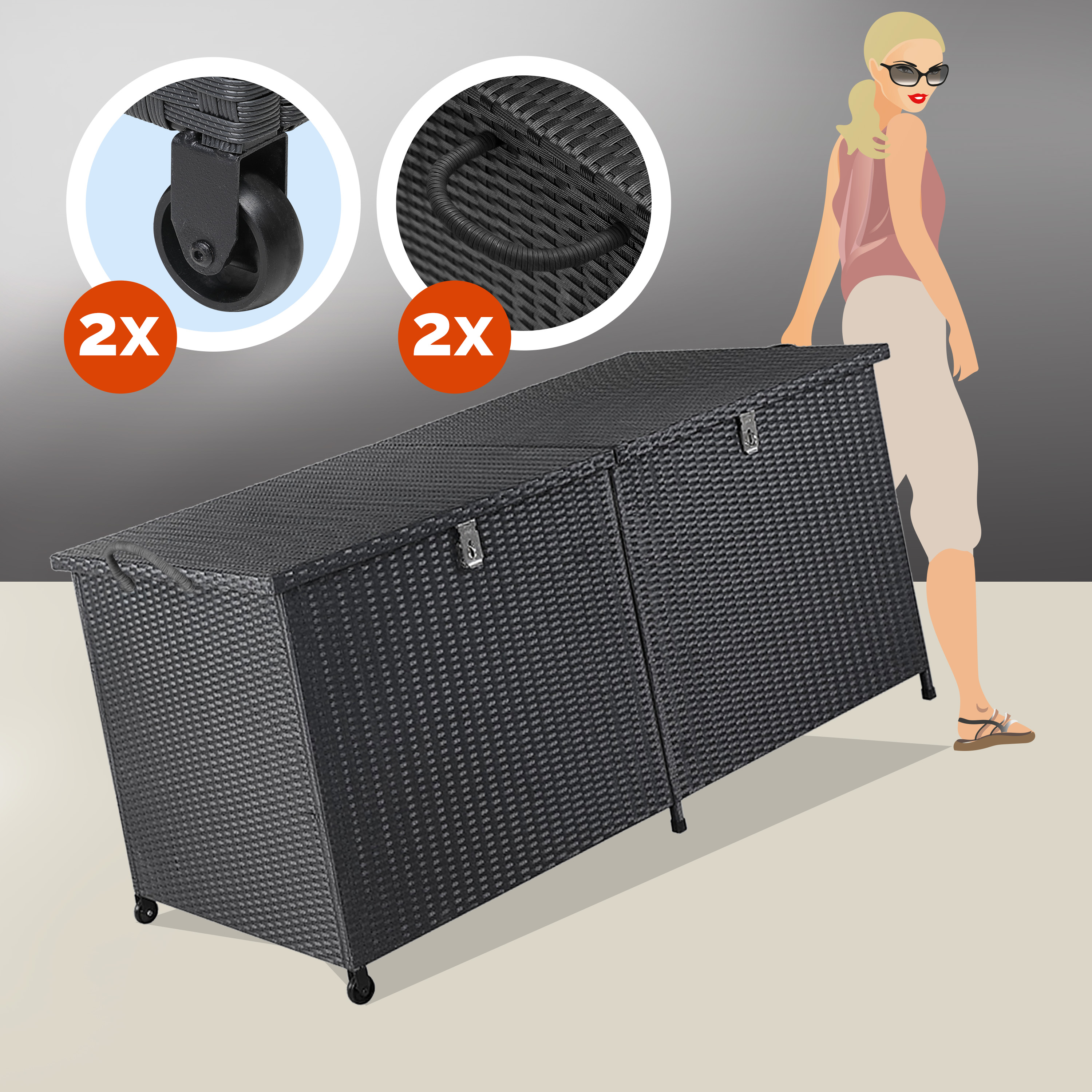 Polyrotan\u0020Kussenbox\u0020Zwart\u0020150x77x73cm\u0020met\u0020Wielen