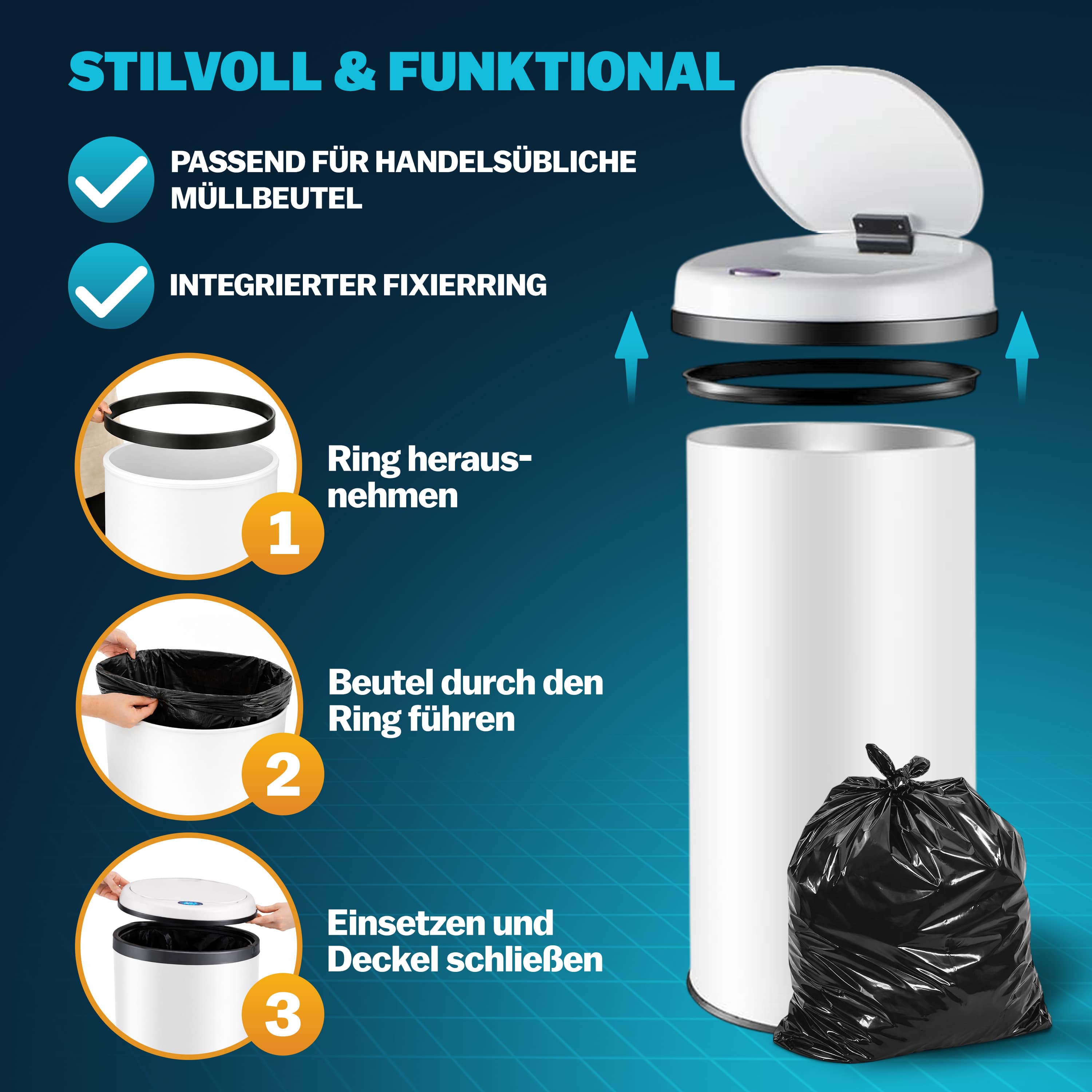 Sensor\u0020afvalbak\u0020Wit\u0020roestvrij\u0020staal\u002050\u0020liter