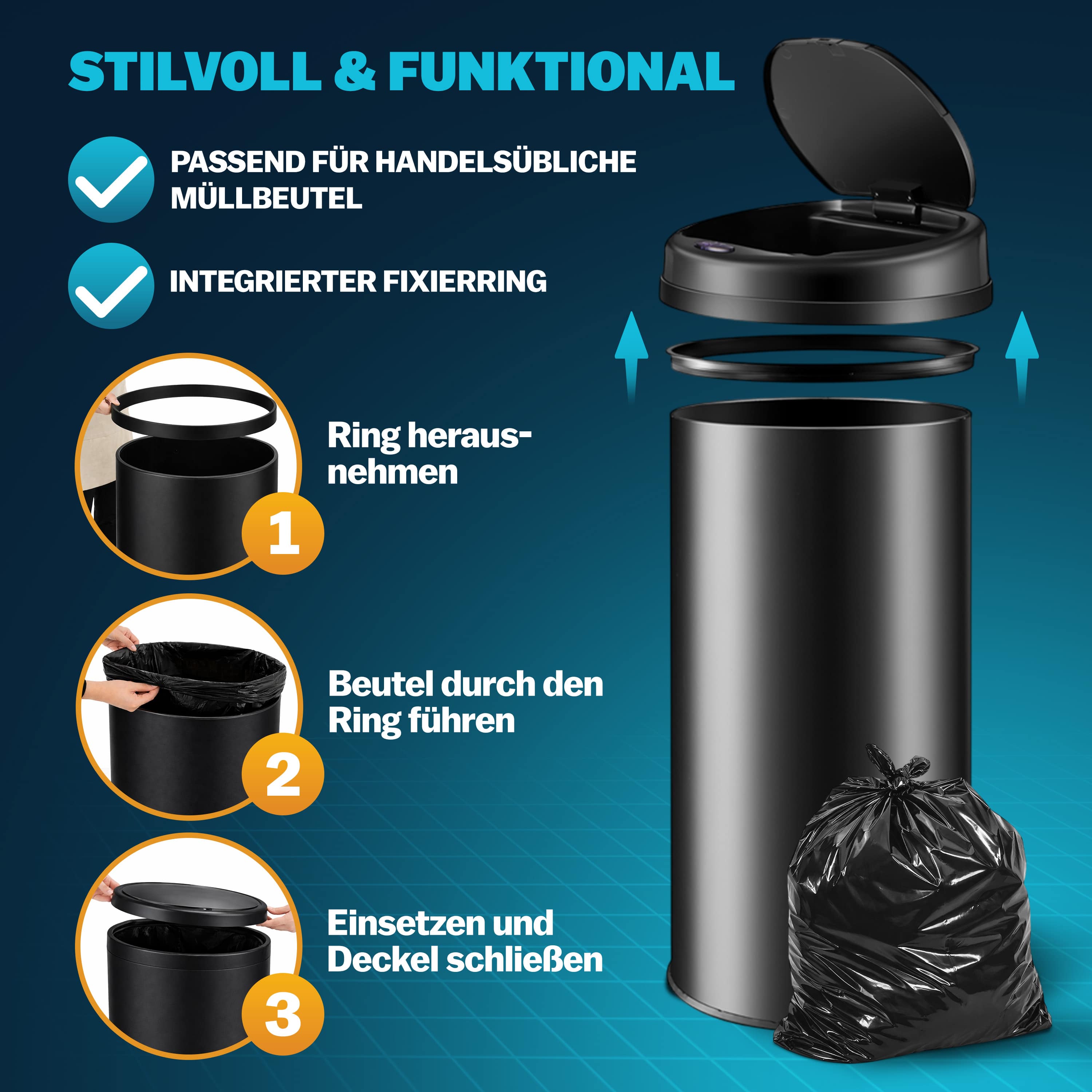 Sensor\u0020afvalbak\u0020Zwart\u0020roestvrij\u0020staal\u002030\u0020liter