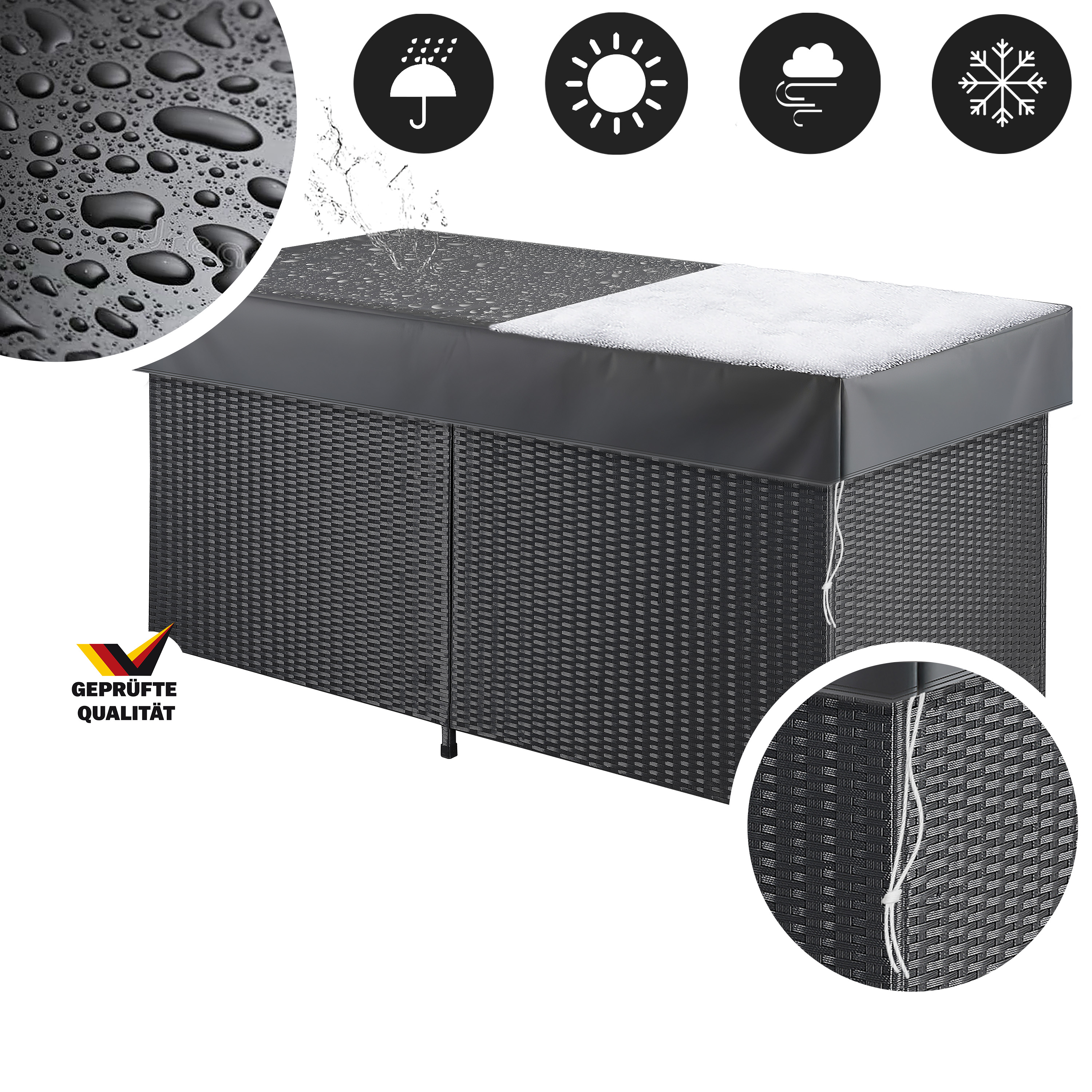 Polyrotan\u0020Kussenbox\u0020Zwart\u0020150x77x73cm\u0020met\u0020Wielen