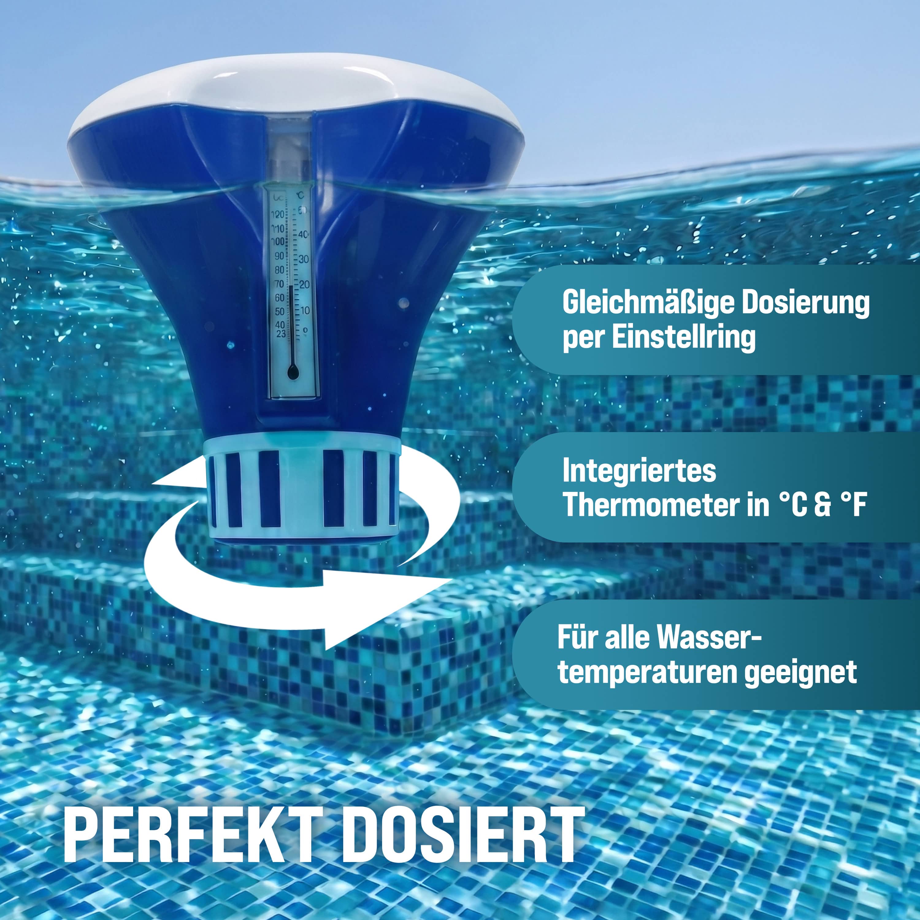 Doseervlotter\u0020voor\u0020zwembaden\u002020\u002D200g\u0020tabletten\u0020inclusief\u0020150\u00203in1\u0020teststrips\u0020UV\u002Dbestendige\u0020chloordrijver\u0020met\u0020thermometer