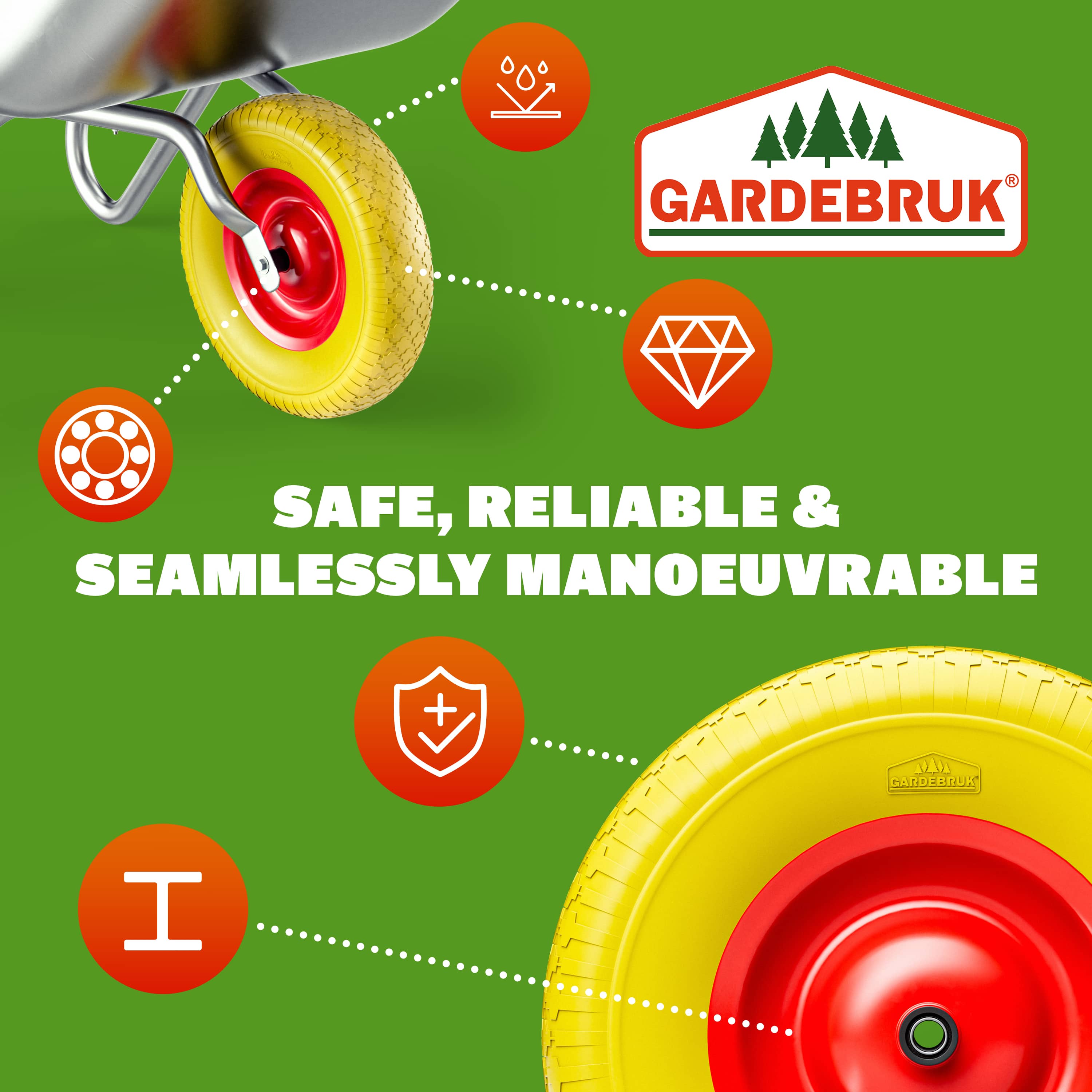 Kruiwagenwiel\u0020Rood\u0020Geel\u0020Rubber\u0020Staal\u002095mm\u0020200kg