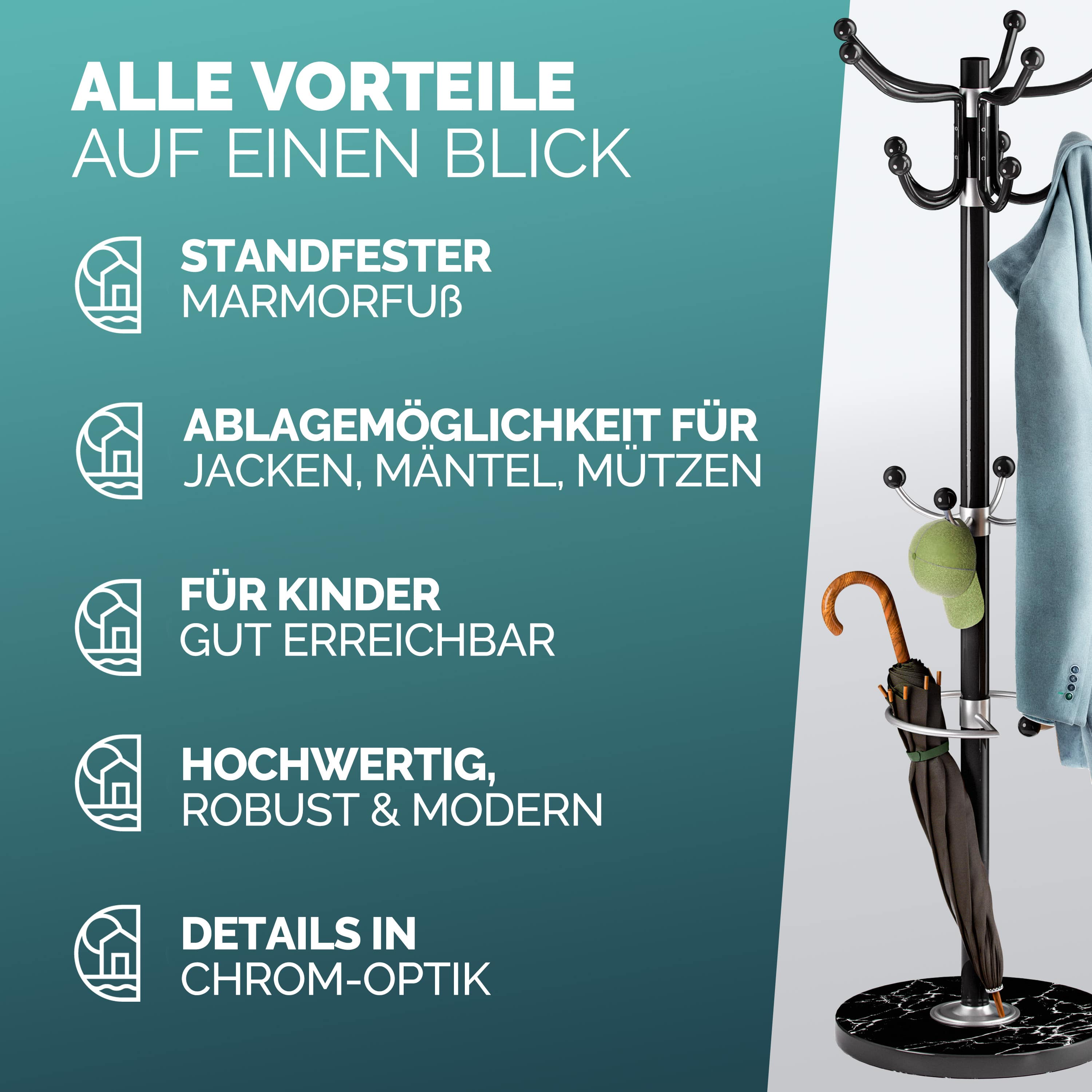 Kledingrek\u0020Zwart\u0020met\u0020marmeren\u0020voet\u0020173cm