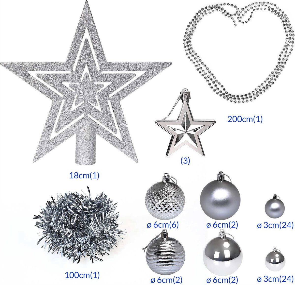Kerstboom\u0020decoraties\u0020\u002D\u0020Set\u0020van\u002066\u0020\u002D\u0020zilver