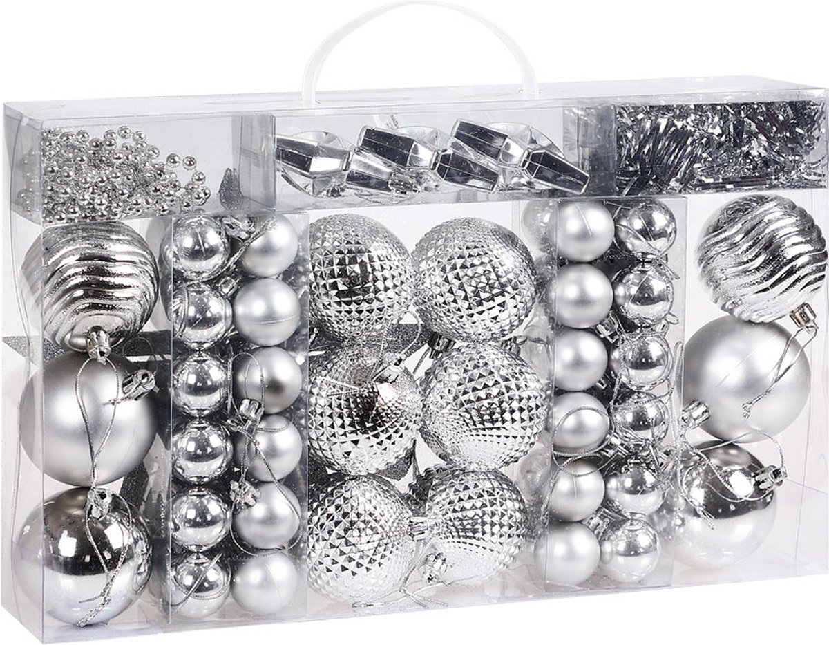 Kerstboom\u0020decoraties\u0020\u002D\u0020Set\u0020van\u002066\u0020\u002D\u0020zilver