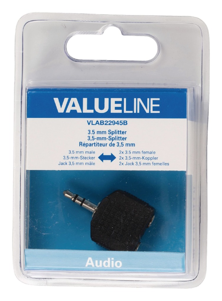 Valueline\u0020VLAB22945B\u0020Audio\u002Dsplitter\u00203,5\u0020mm\u0020Male\u0020\u002D\u00202x\u0020Female\u0020Zwart