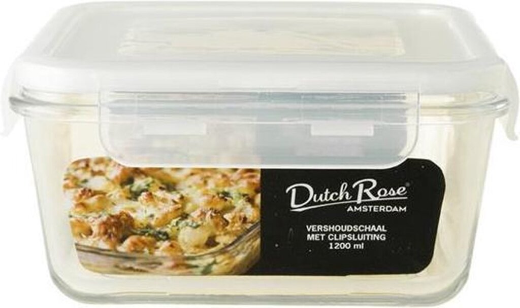 Dutch\u0020Rose\u0020Vershoudschaal\u0020Glas\u0020Vierkant\u00201200ml\u0020Wit