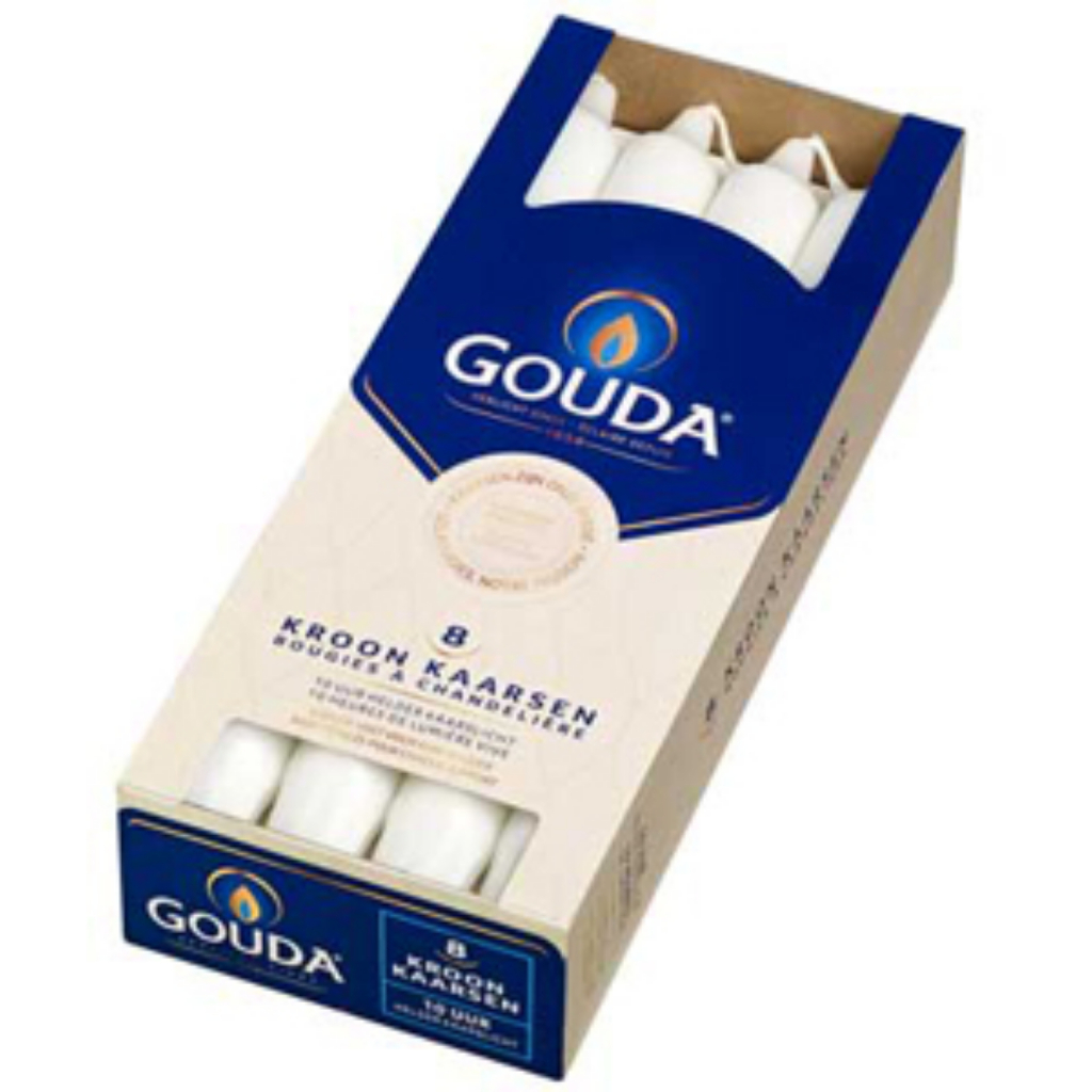 Gouda\u0020Kroonkaarsen\u002024x2.4\u0020cm\u00208\u0020Stuks\u0020Wit