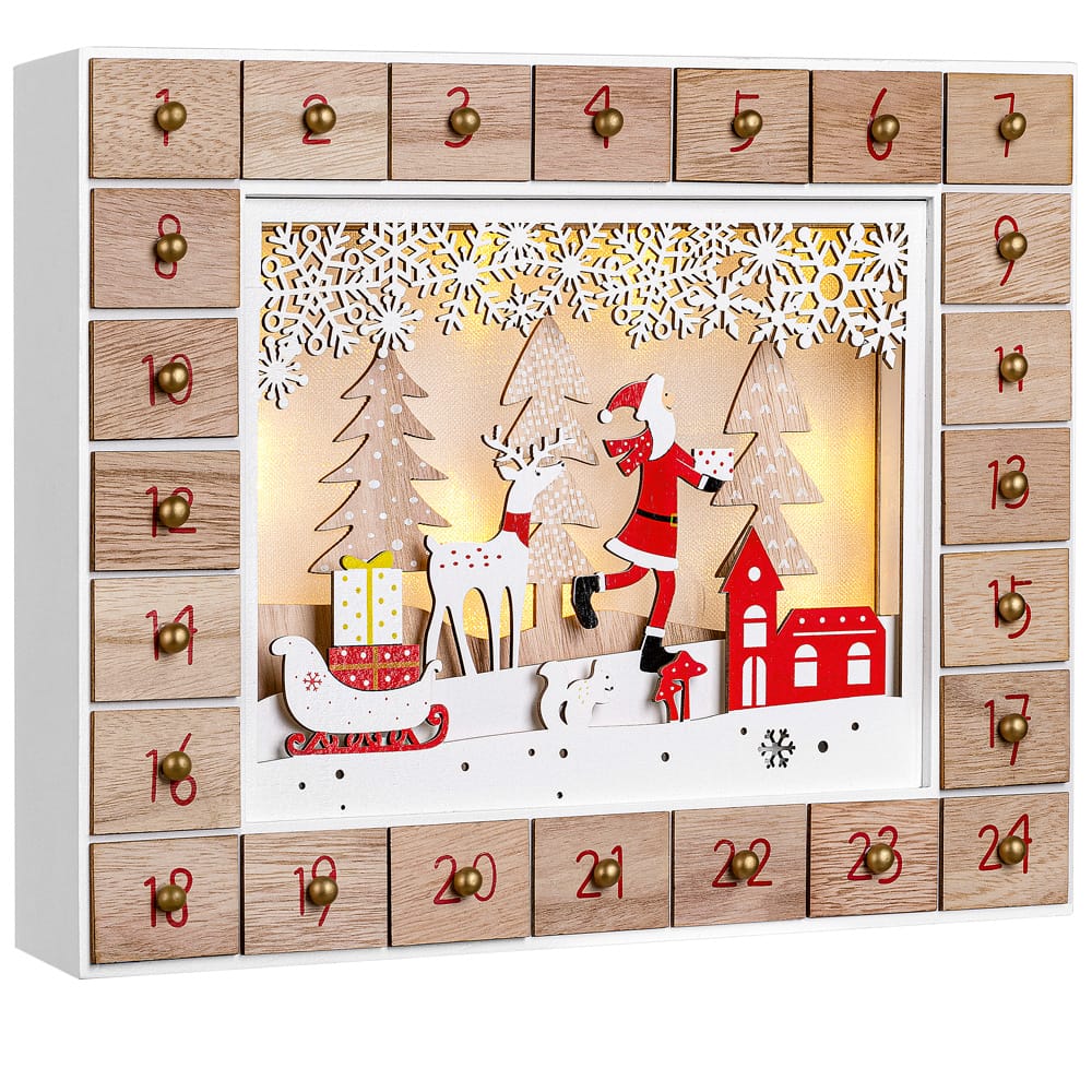 Adventskalender\u0020kerstman\u0020hout\u0020met\u0020LED\u0020