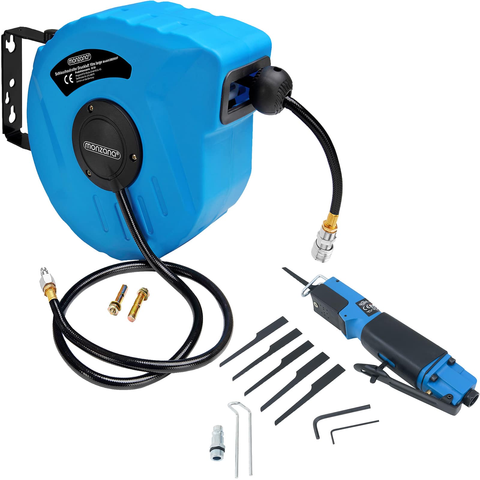 Persluchtslang\u0020Haspel\u0020\u002B\u0020Carosseriezaag\u0020Blauw\u0020Zwart\u002010M