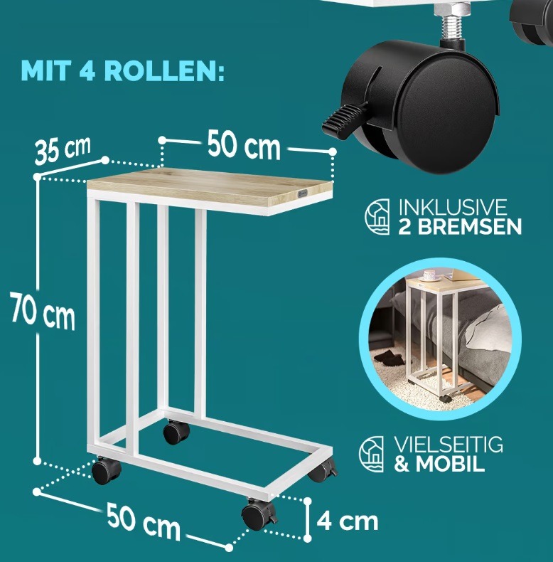 Bijzettafel\u0020Wit\u002050x35x65\u002F70cm\u0020met\u0020Wieltjes\u0020\u0020,\u0020Set\u0020van\u00202