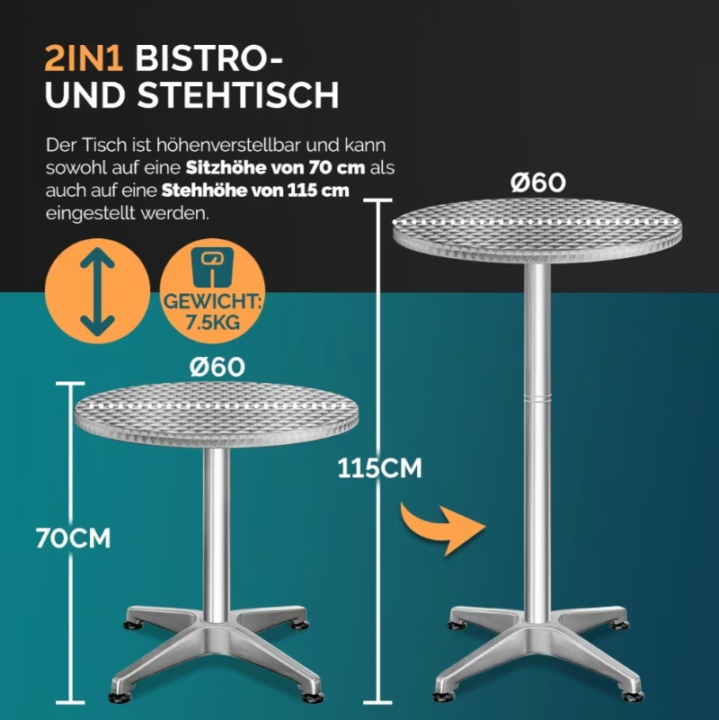 Statafel\u0020set\u0020van\u00202\u0020Zilver\u0020aluminium\u0020\u00D860cm\u0020inklapbaar,\u0020in\u0020hoogte\u0020verstelbaar