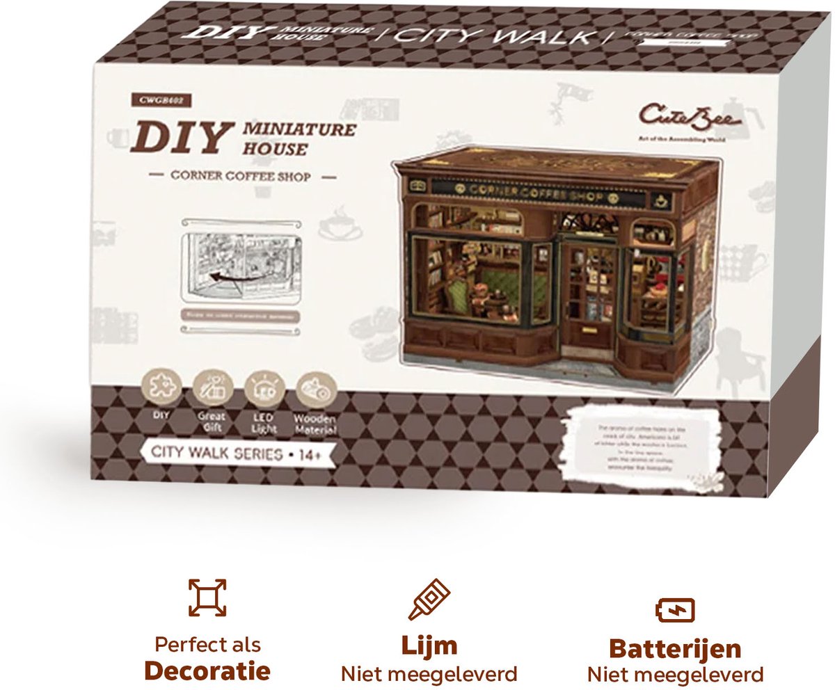 CuteBee\u0020Miniatuurhuisje\u0020Corner\u0020Coffee\u0020Shop\u0020\u2013\u0020Houten\u00203D\u0020Puzzel\u0020DIY\u0020Bouwpakket\u0020voor\u0020Volwassenen\u0020Modelbouw