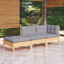  3-delige Loungeset met grijze kussens massief grenenhout
