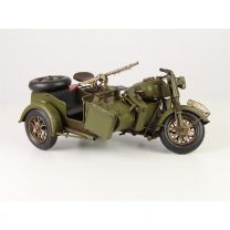 A TIN MODEL OF AN ARMY MOTORCYCLE WITH SIDECAR