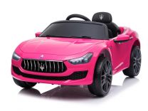 Maserati Ghibli, 12v elektrische kinderauto, rubberen banden, leder zitje roze.