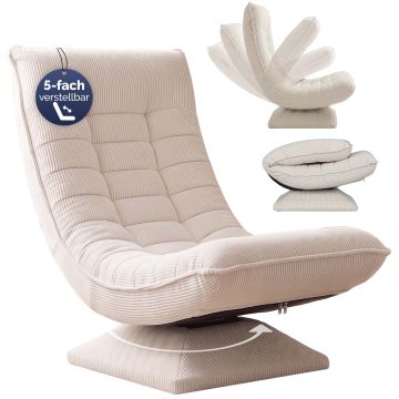 Fauteuil Aberdeen crème ribfluweel 5-standen verstelbaar, 360° draaibaar, opvouwbaar
