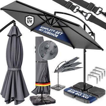 Zweefparasol antraciet 300 cm compleet set inclusief 4 gewichten en beschermhoes