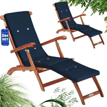 Ligbed Queen Mary® Set van 2 acaciahout FSC®-gecertificeerd incl kussen Blauw