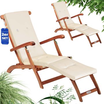 Ligbed Queen Mary® Set van 2 acaciahout FSC®-gecertificeerd incl kussen Crème